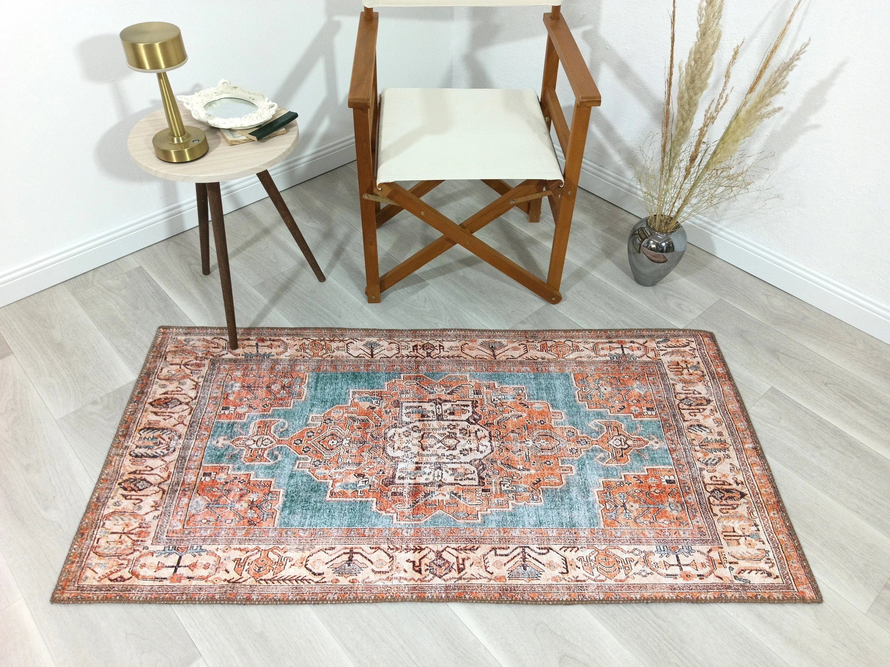 Turkuaz ve Turuncu Medalyonlu Vintage Halı - OUTLET - 50010TOU