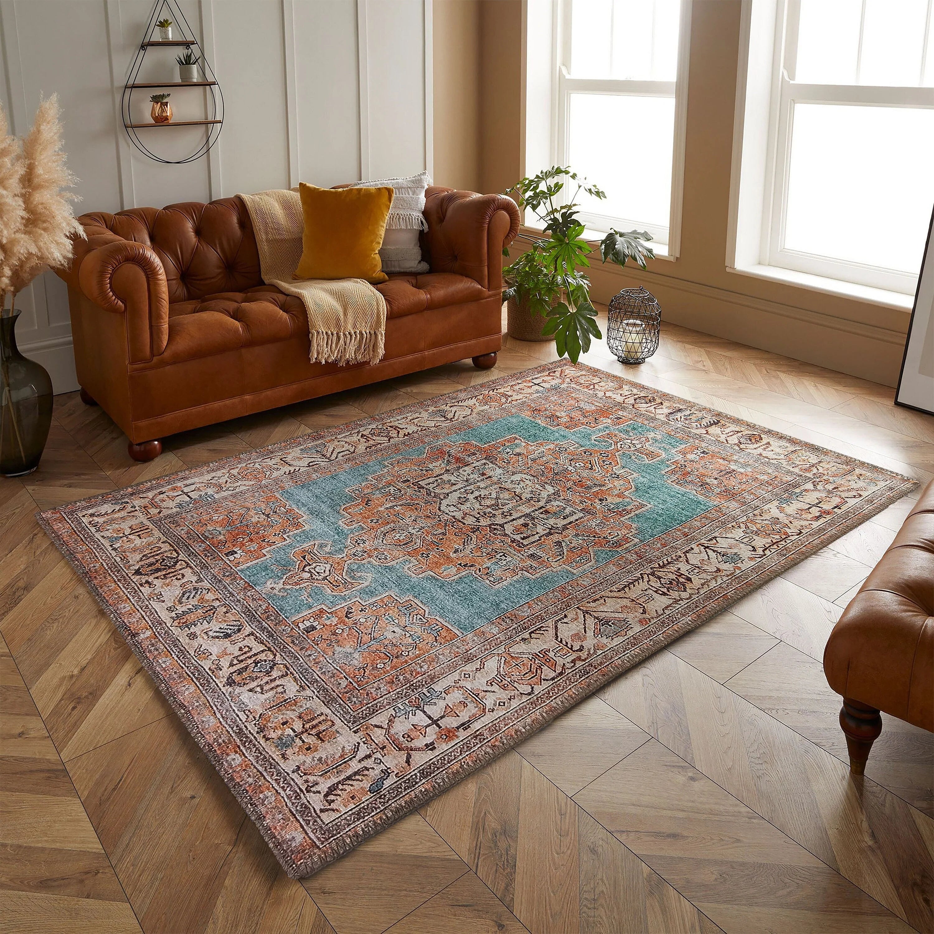 Turkuaz ve Turuncu Medalyonlu Vintage Halı