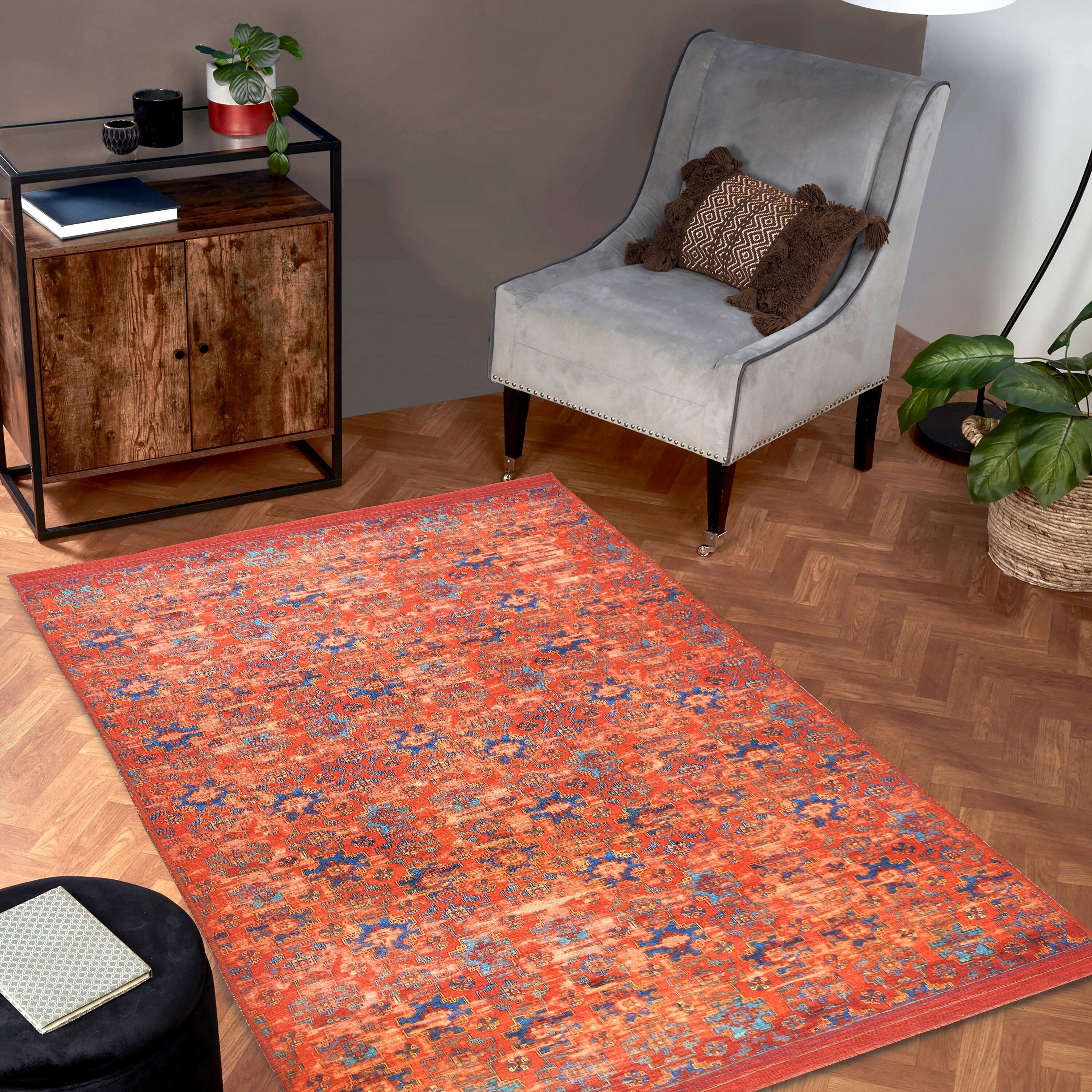 Rot-blauer Vintage-Teppich mit Medaillonmuster