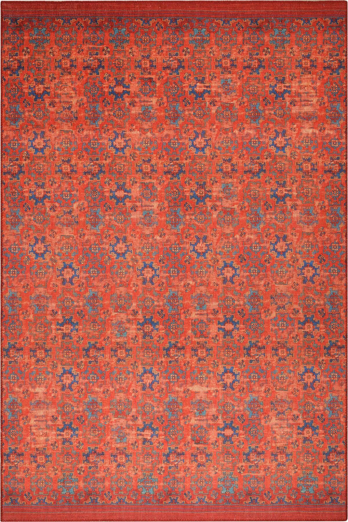 Kiremit ve Mavi Geometrik Desenli Vintage Halı