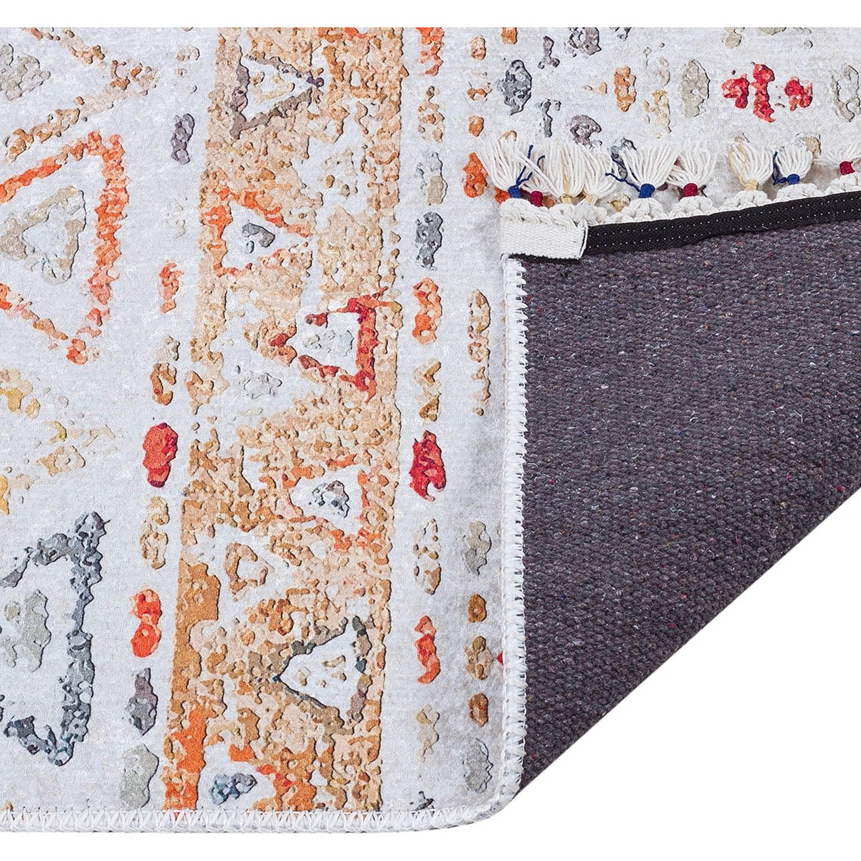 Krem Turuncu Çok Renkli Geometrik Desenli Modern Kilim Halı