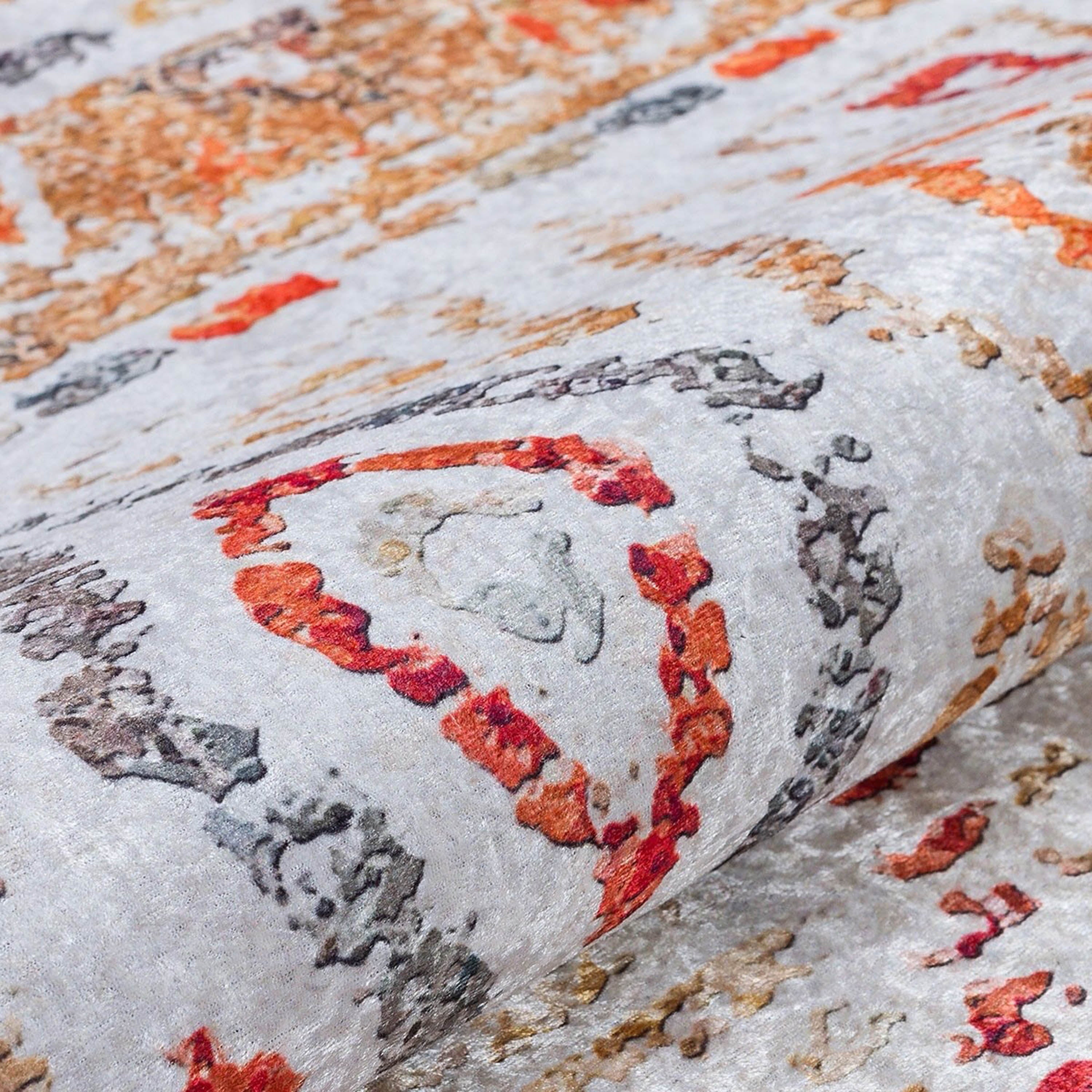 Krem Turuncu Çok Renkli Geometrik Desenli Modern Kilim Halı