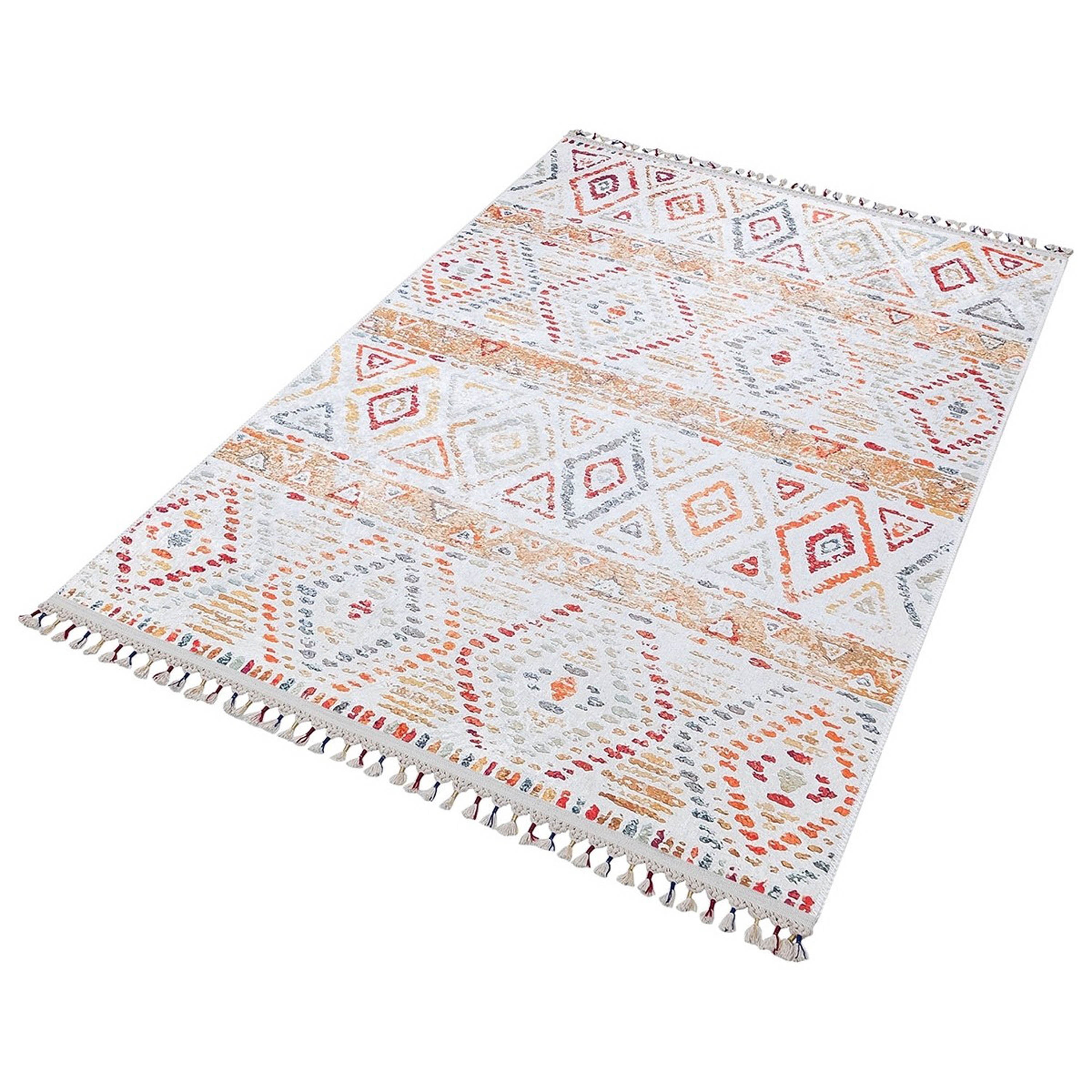 Krem Turuncu Çok Renkli Geometrik Desenli Modern Kilim Halı
