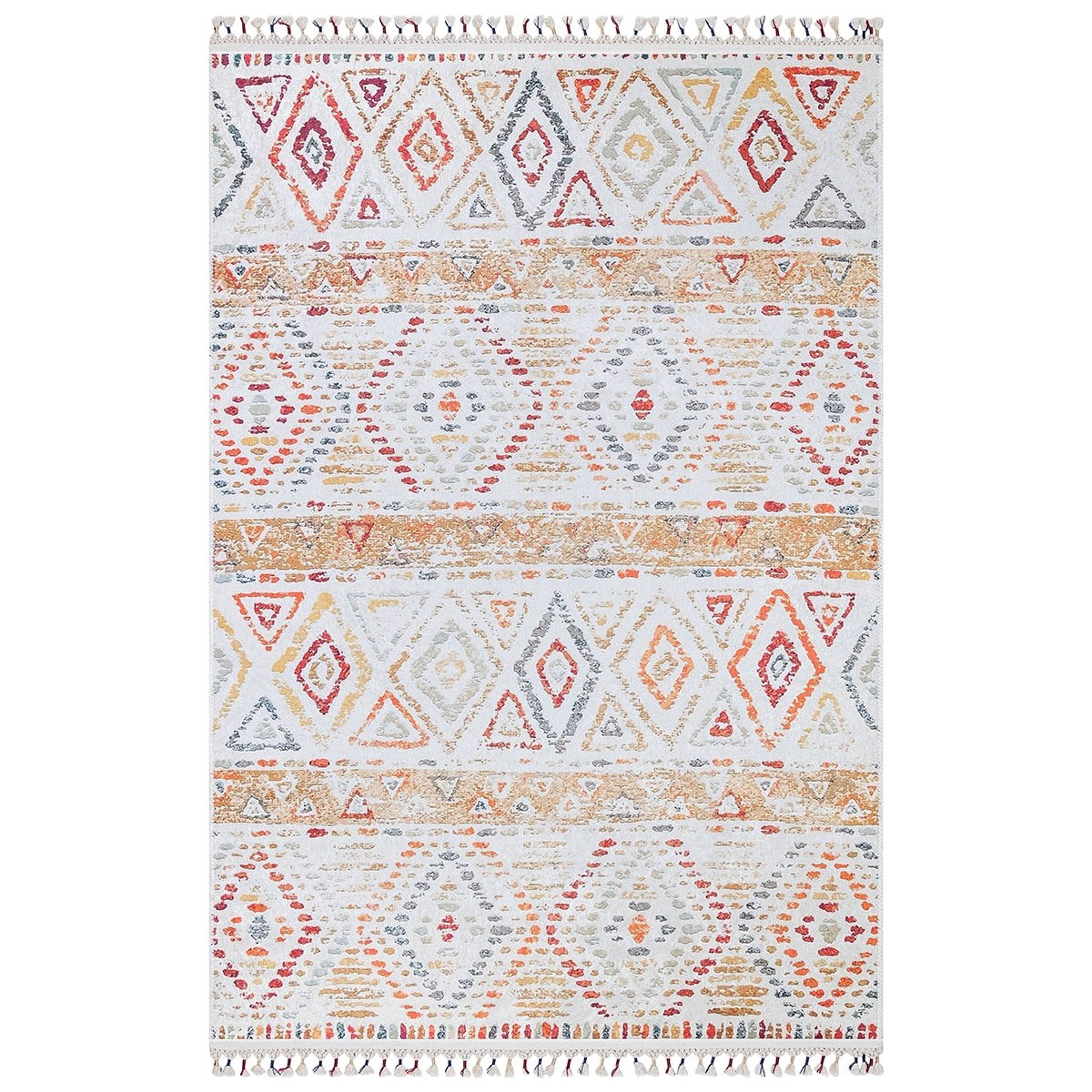 Krem Turuncu Çok Renkli Geometrik Desenli Modern Kilim Halı