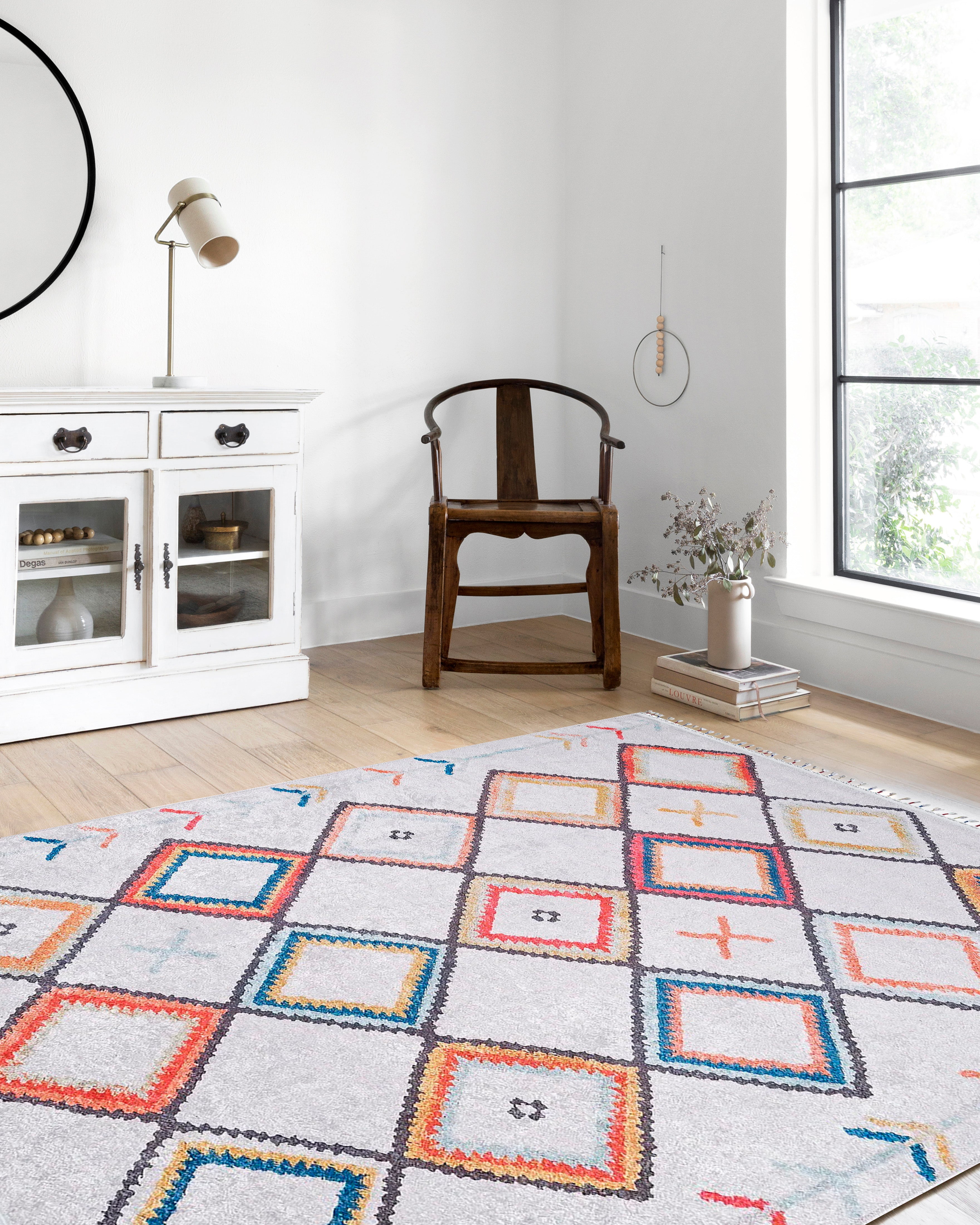 Örgü Saçaklı Çok Renkli Fas Tarzı Geometrik Halı