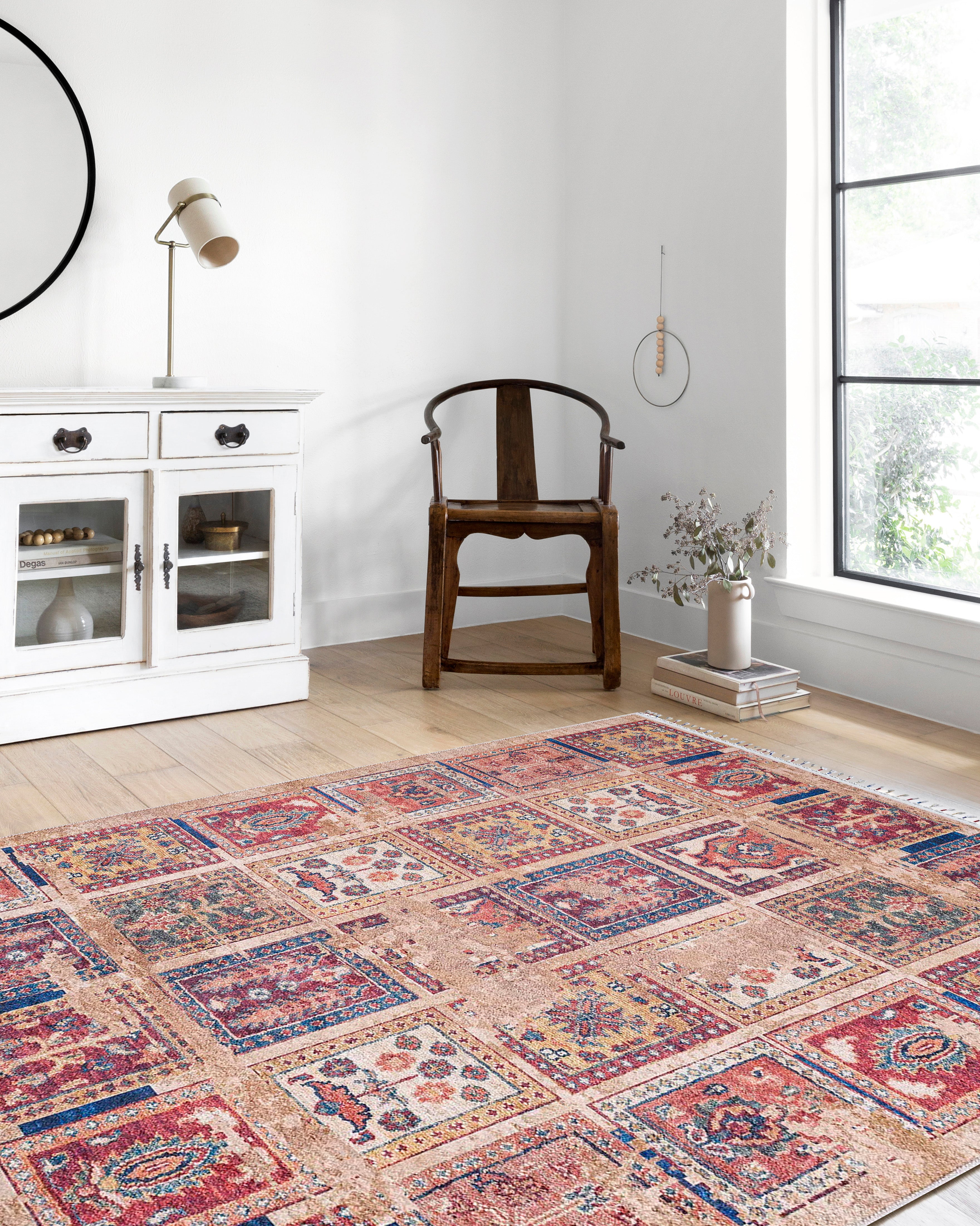 Örgü Saçaklı Bej Kareli Desenli Halı