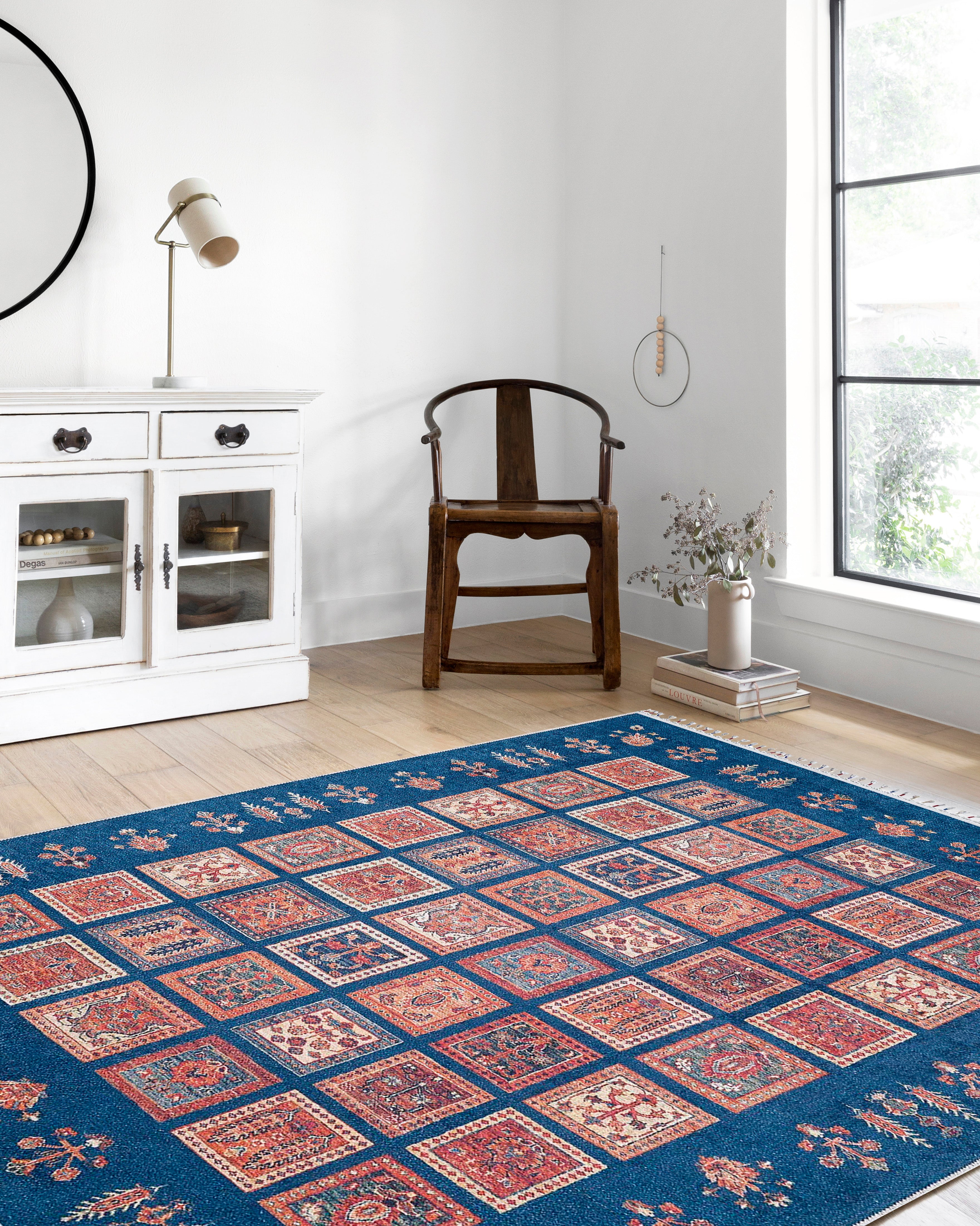 Örgü Saçaklı Mavi Otantik Kareli Bordürlü Halı