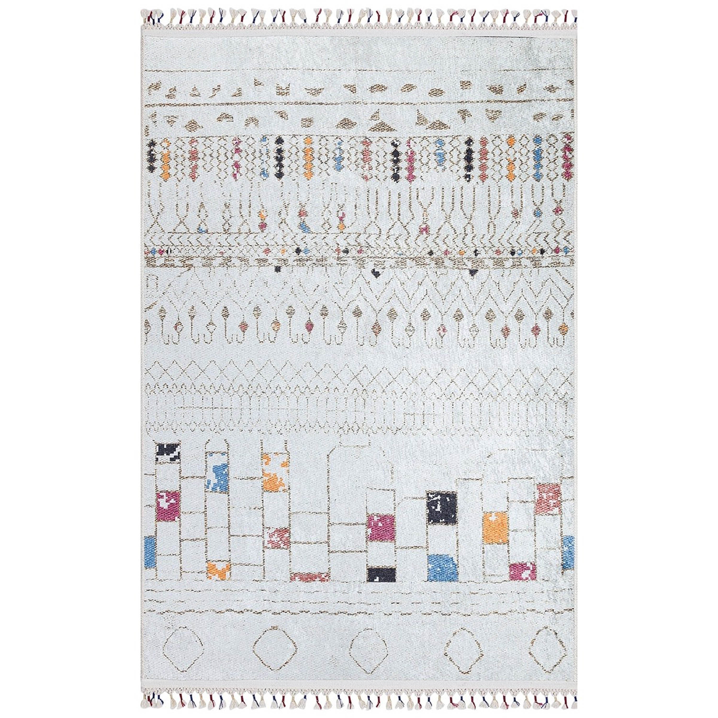 Krem Renkli Etnik Desenli Modern Kilim Halı