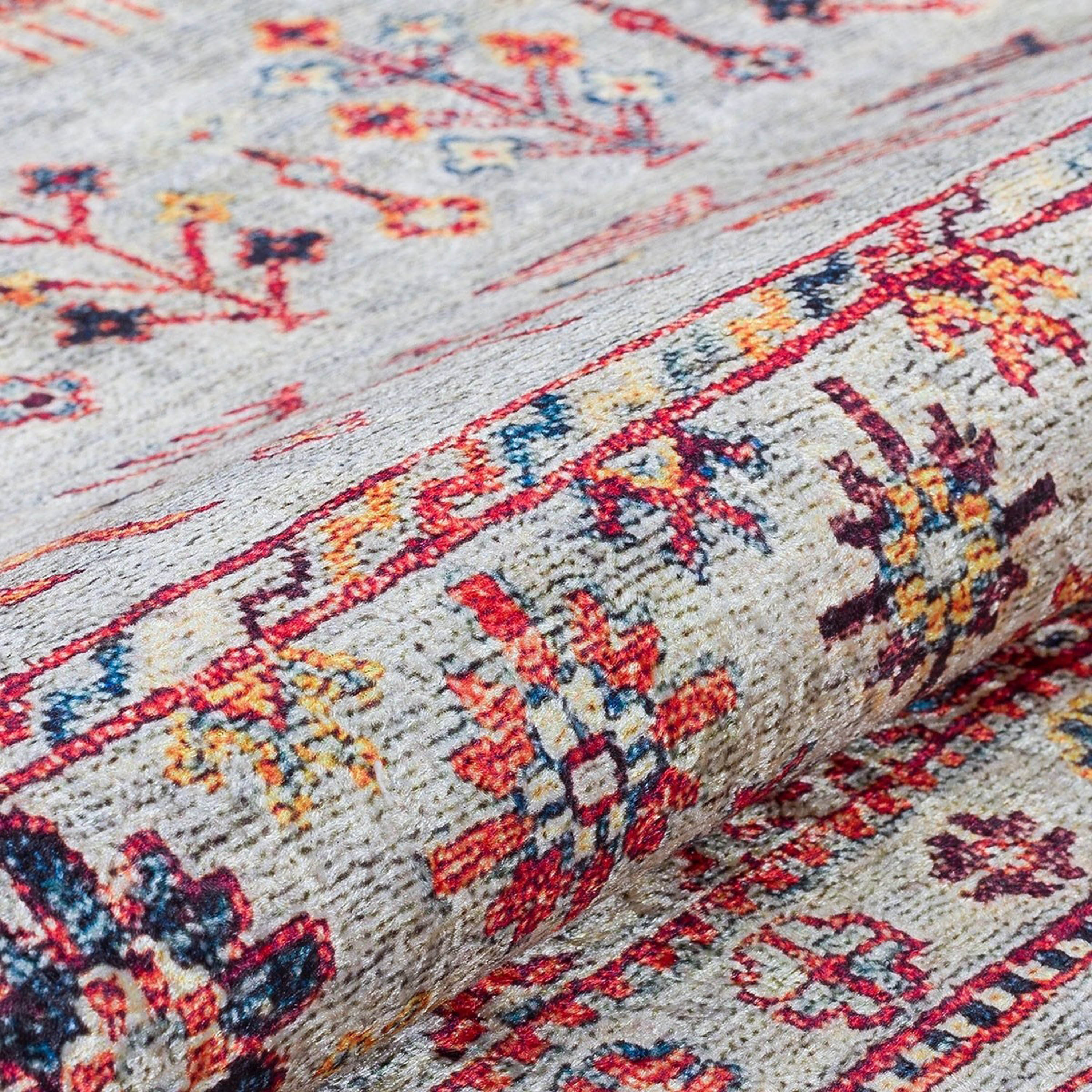 Krem Çok Renkli Etnik Desenli Vintage Kilim Halı