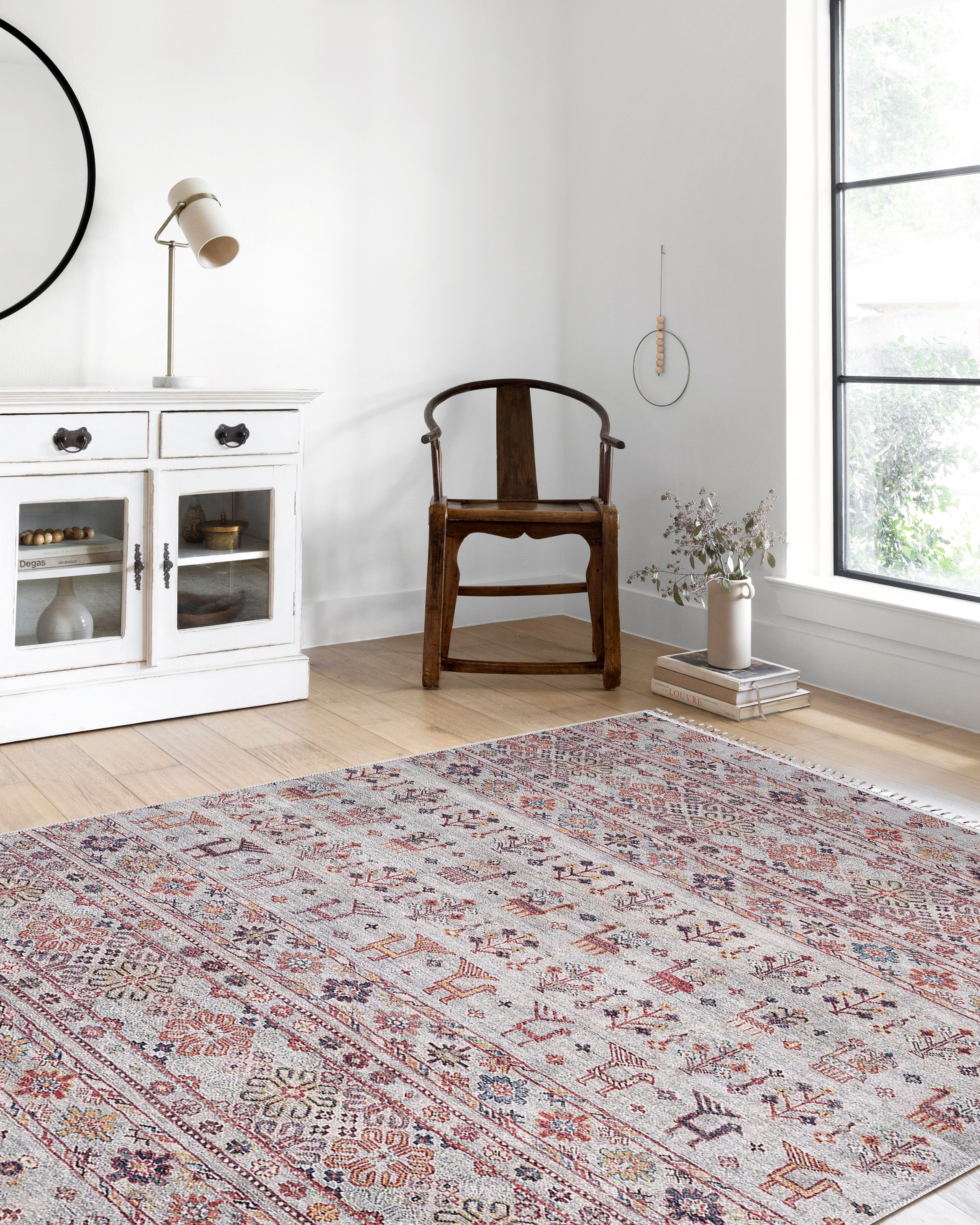 Krem Çok Renkli Etnik Desenli Vintage Kilim Halı