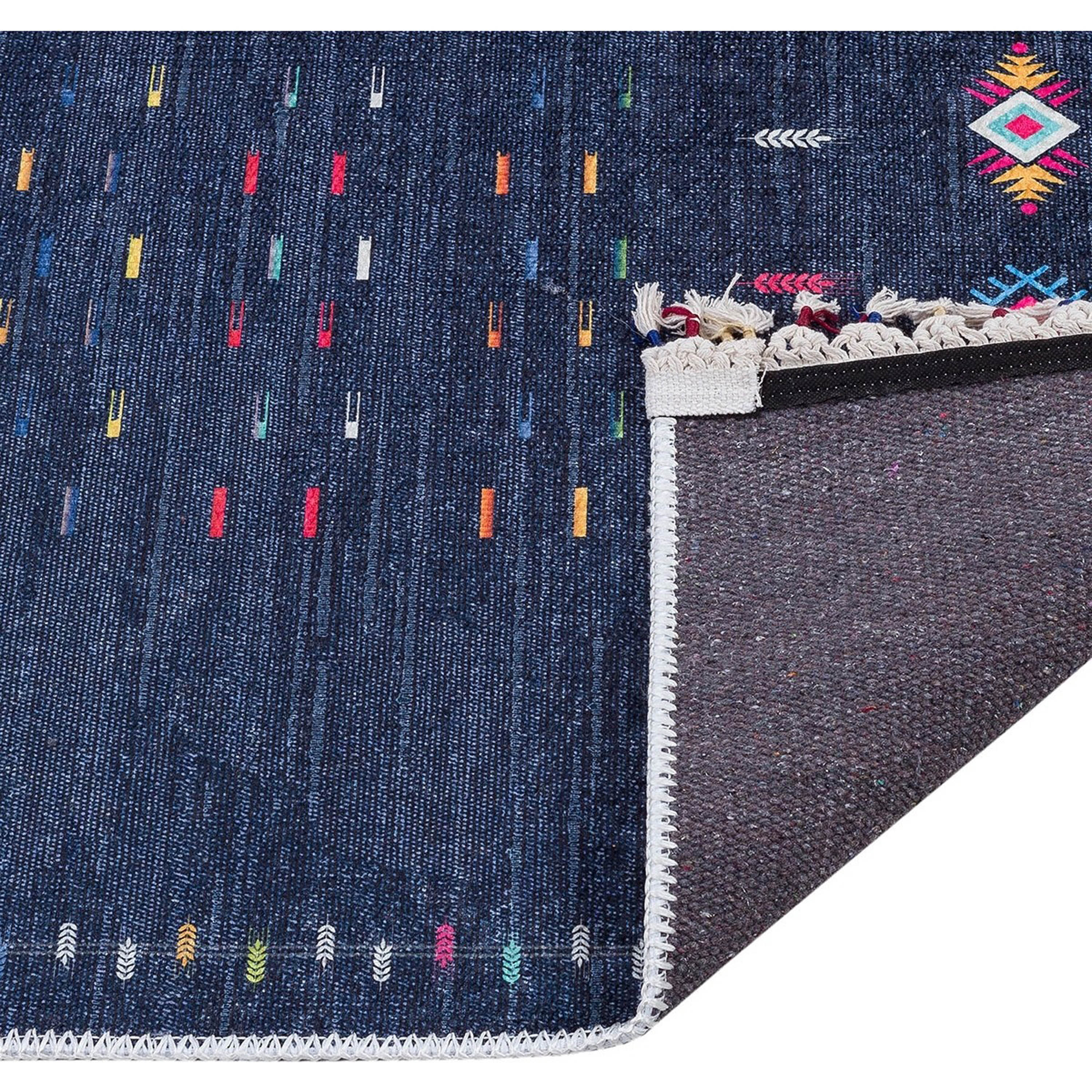 Mavi Çok Renkli Etnik Desenli Modern Kilim Halı