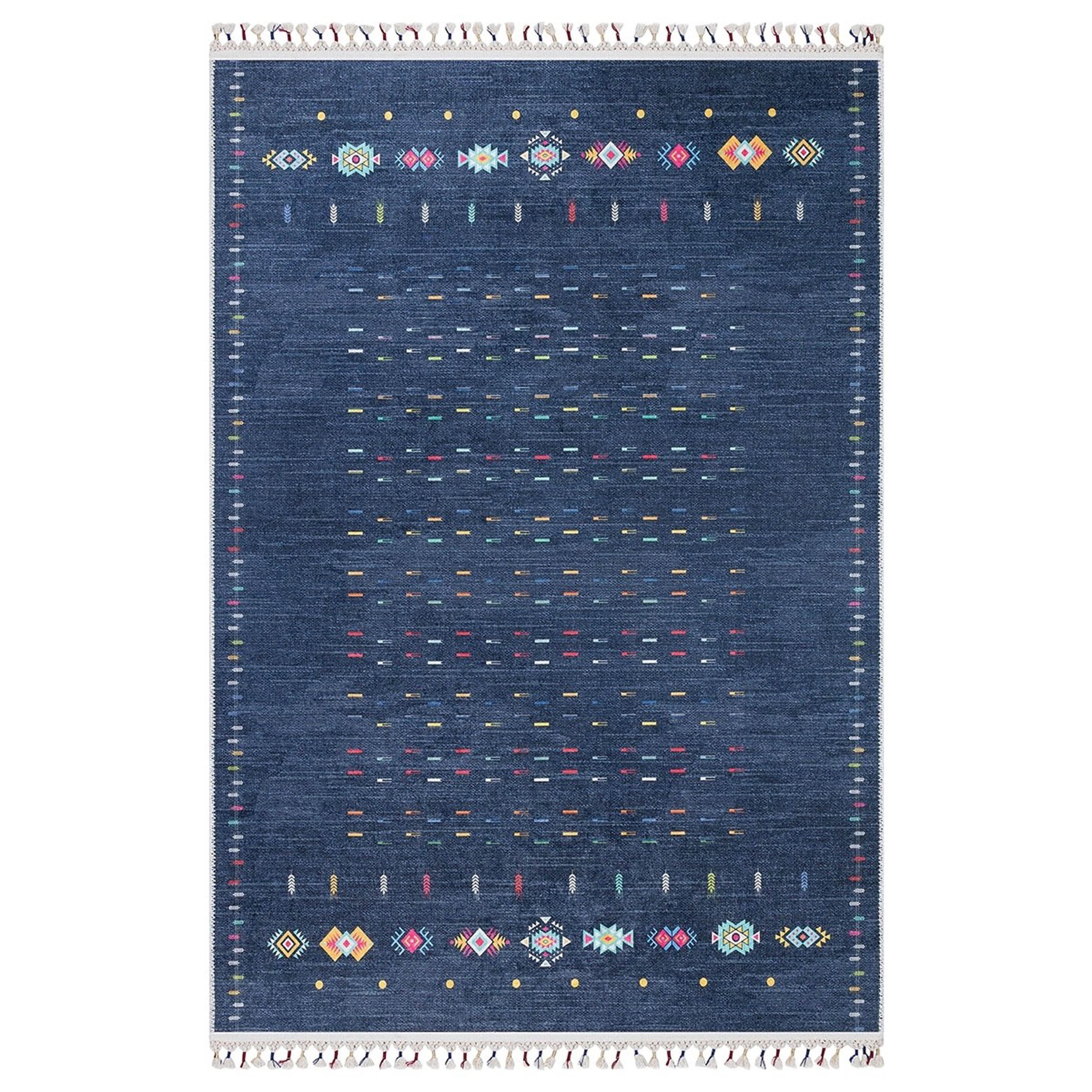 Mavi Çok Renkli Etnik Desenli Modern Kilim Halı