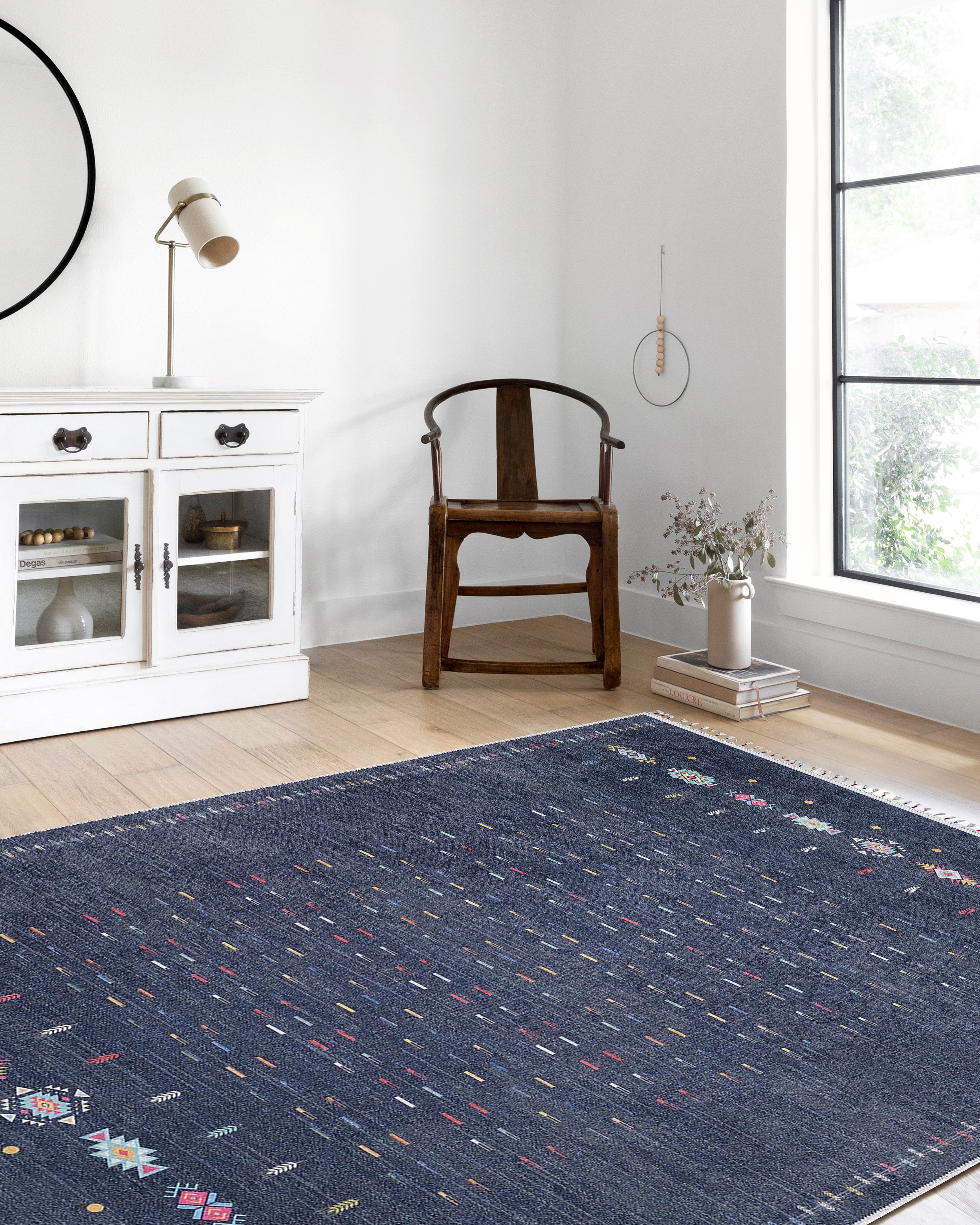 Mavi Çok Renkli Etnik Desenli Modern Kilim Halı
