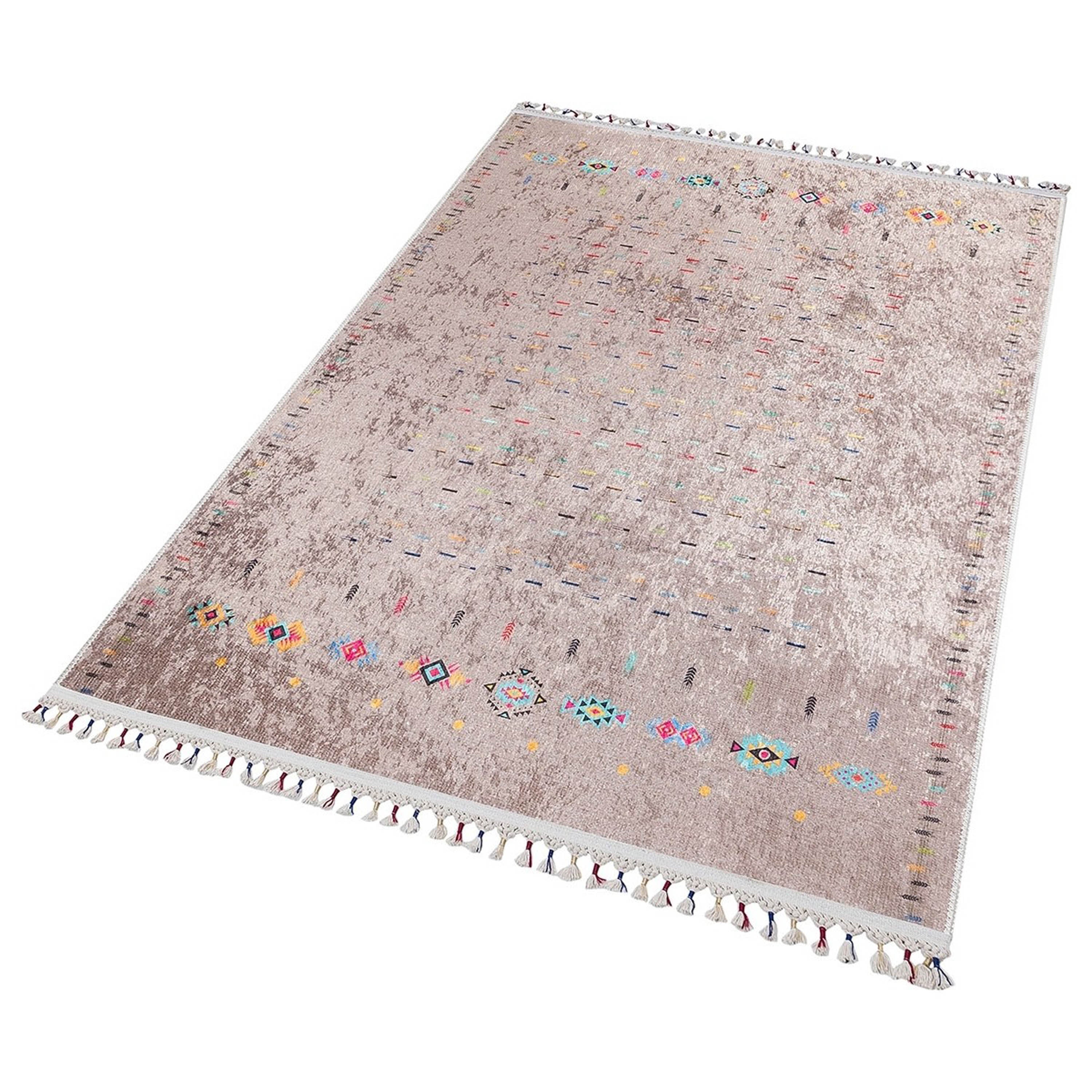 Bej Çok Renkli Etnik Desenli Modern Saçaklı Kilim Halı