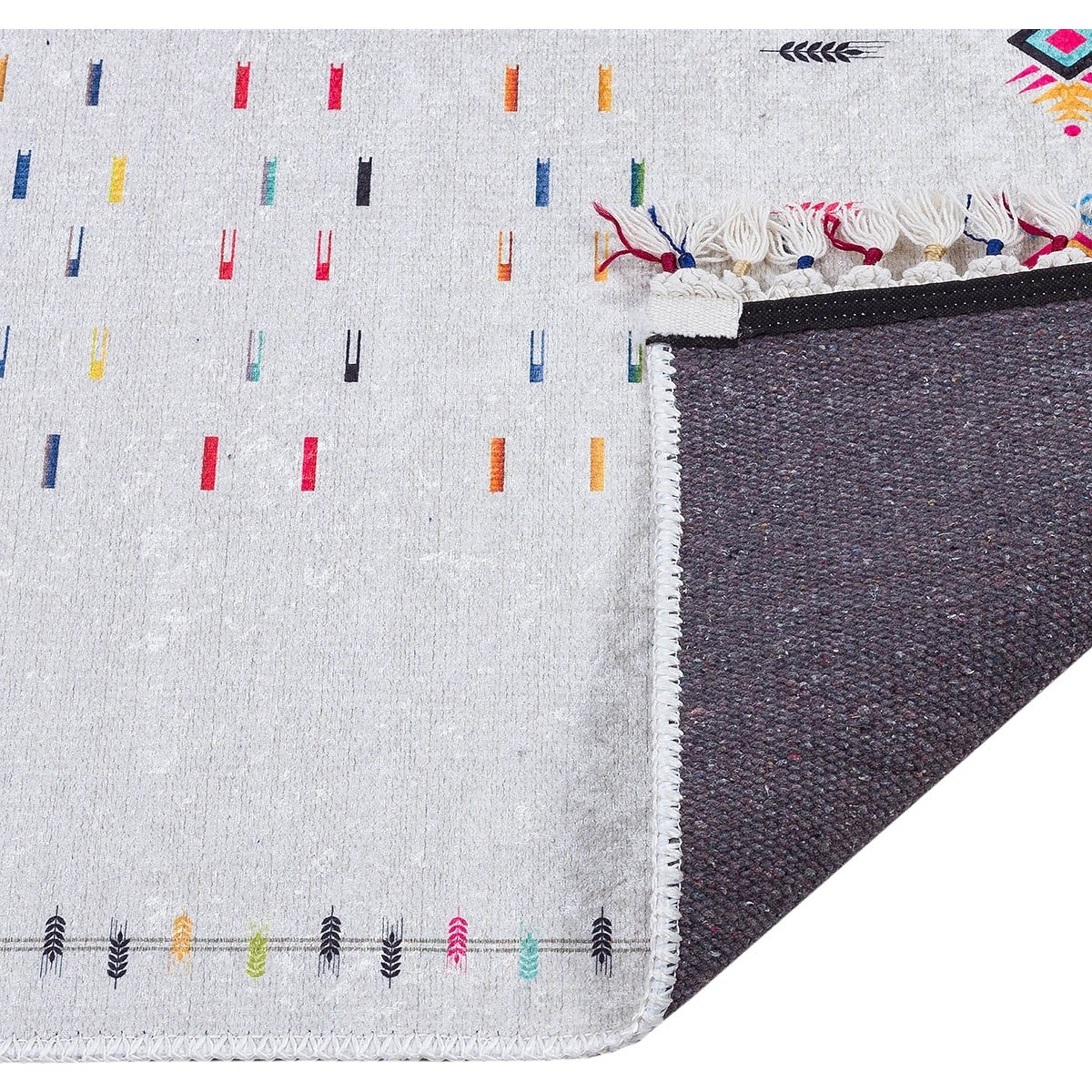 Krem Çok Renkli Etnik Desenli Modern Saçaklı Kilim Halı