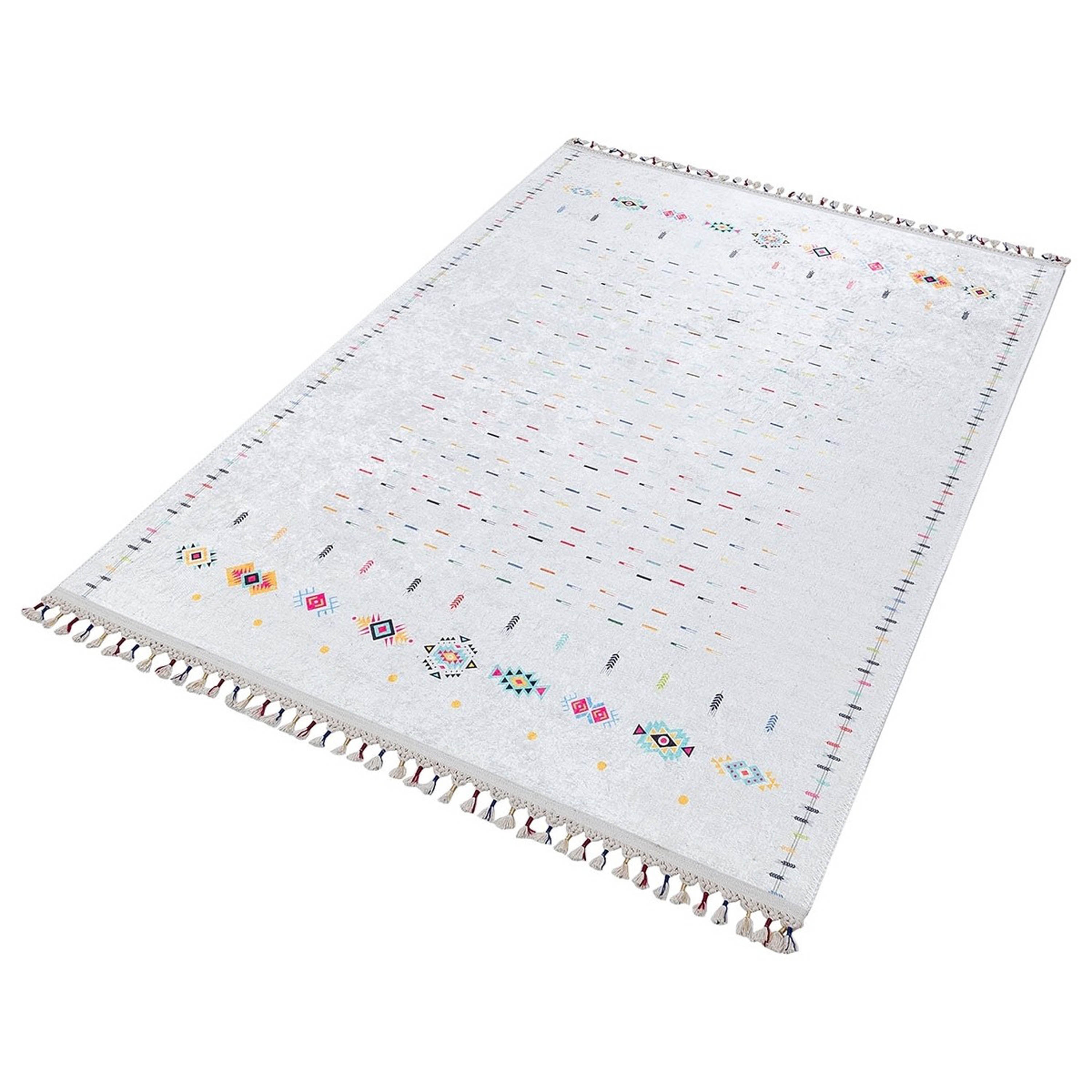 Krem Çok Renkli Etnik Desenli Modern Saçaklı Kilim Halı