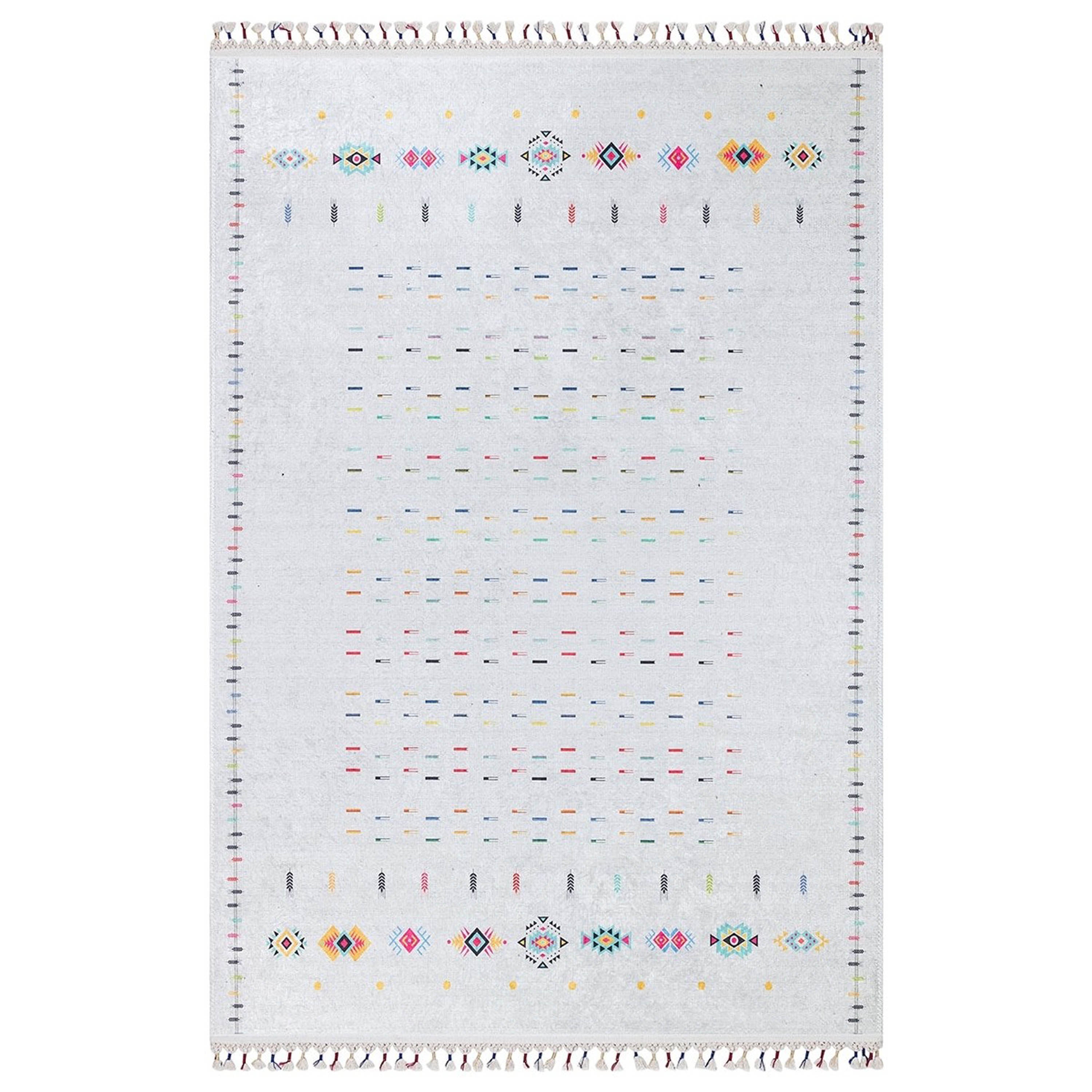 Krem Çok Renkli Etnik Desenli Modern Saçaklı Kilim Halı