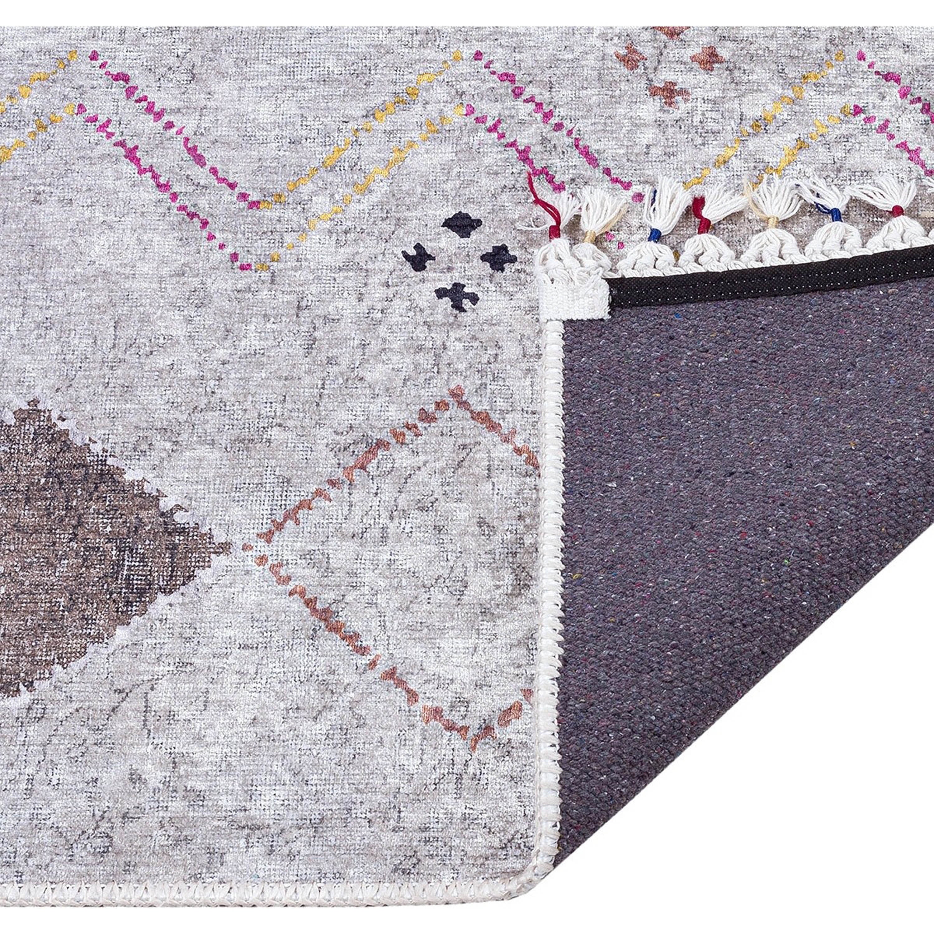 Krem Renkli Geometrik Desenli Modern Saçaklı Kaymaz Kilim Halı