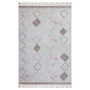 Krem Renkli Geometrik Desenli Modern Saçaklı Kaymaz Kilim Halı