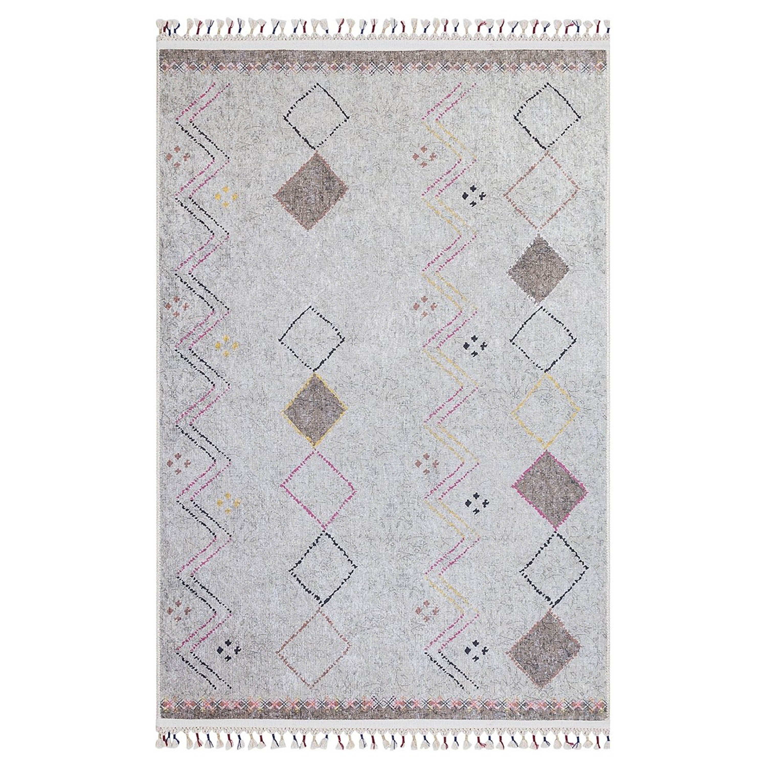 Krem Renkli Geometrik Desenli Modern Saçaklı Kaymaz Kilim Halı