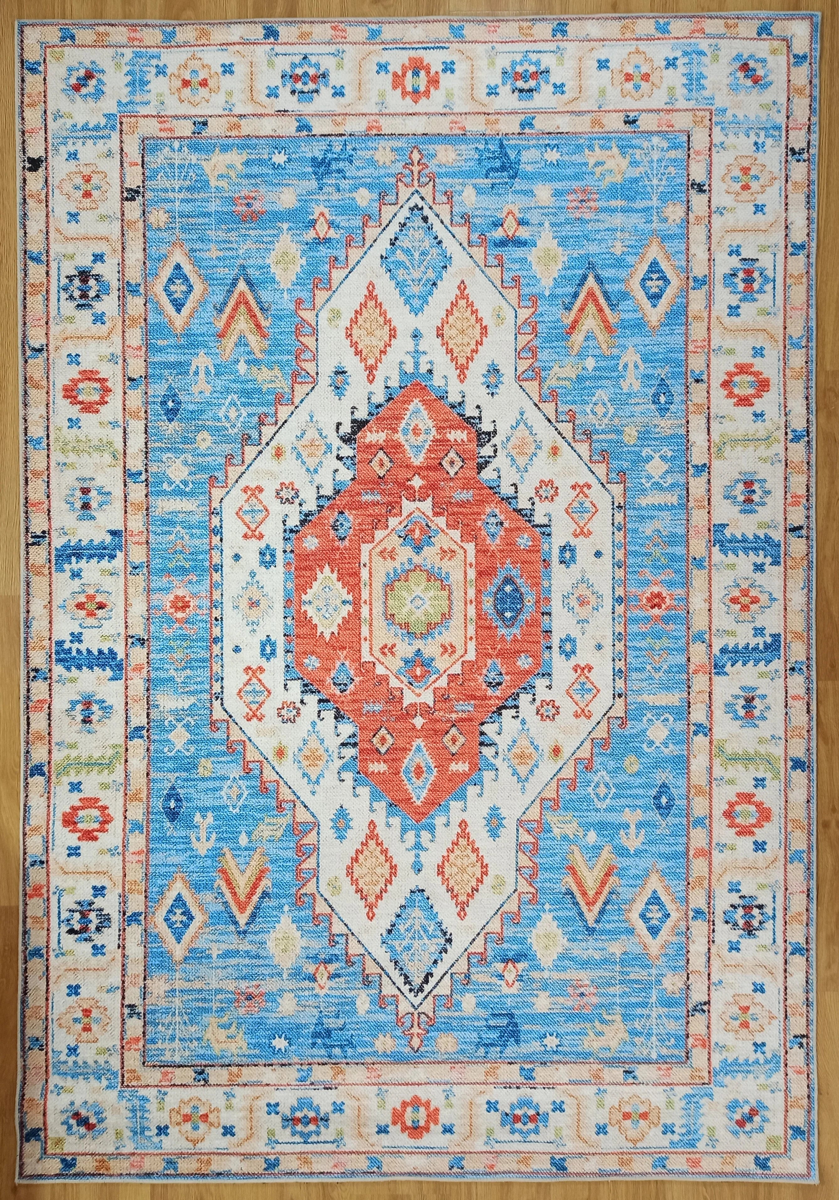Etnik Geometrik Madalyonlu Açık Mavi ve Mercan Bohem Halı - OUTLET - 11448OU
