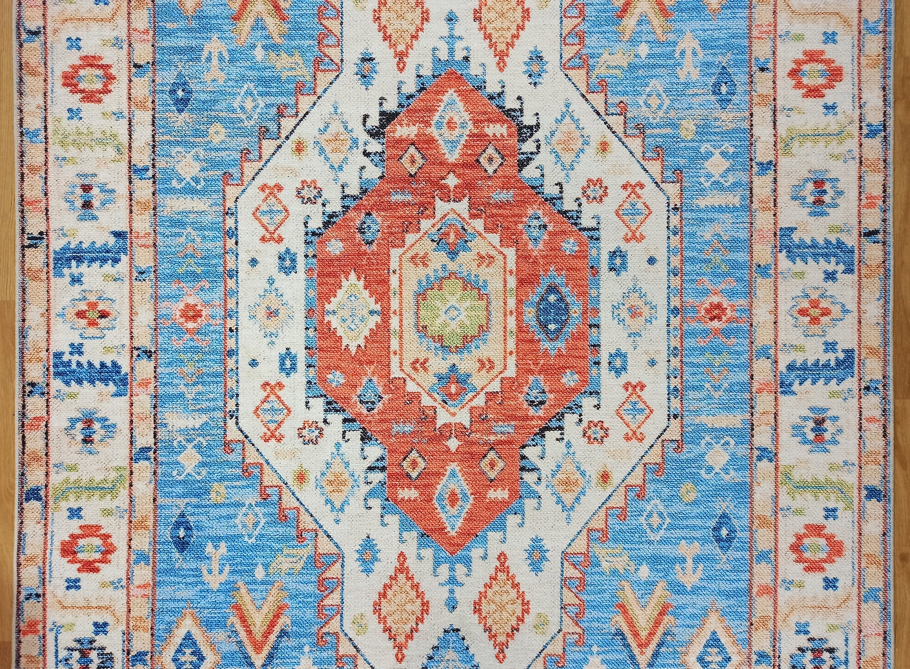 Etnik Geometrik Madalyonlu Açık Mavi ve Mercan Bohem Halı - OUTLET - 11448OU