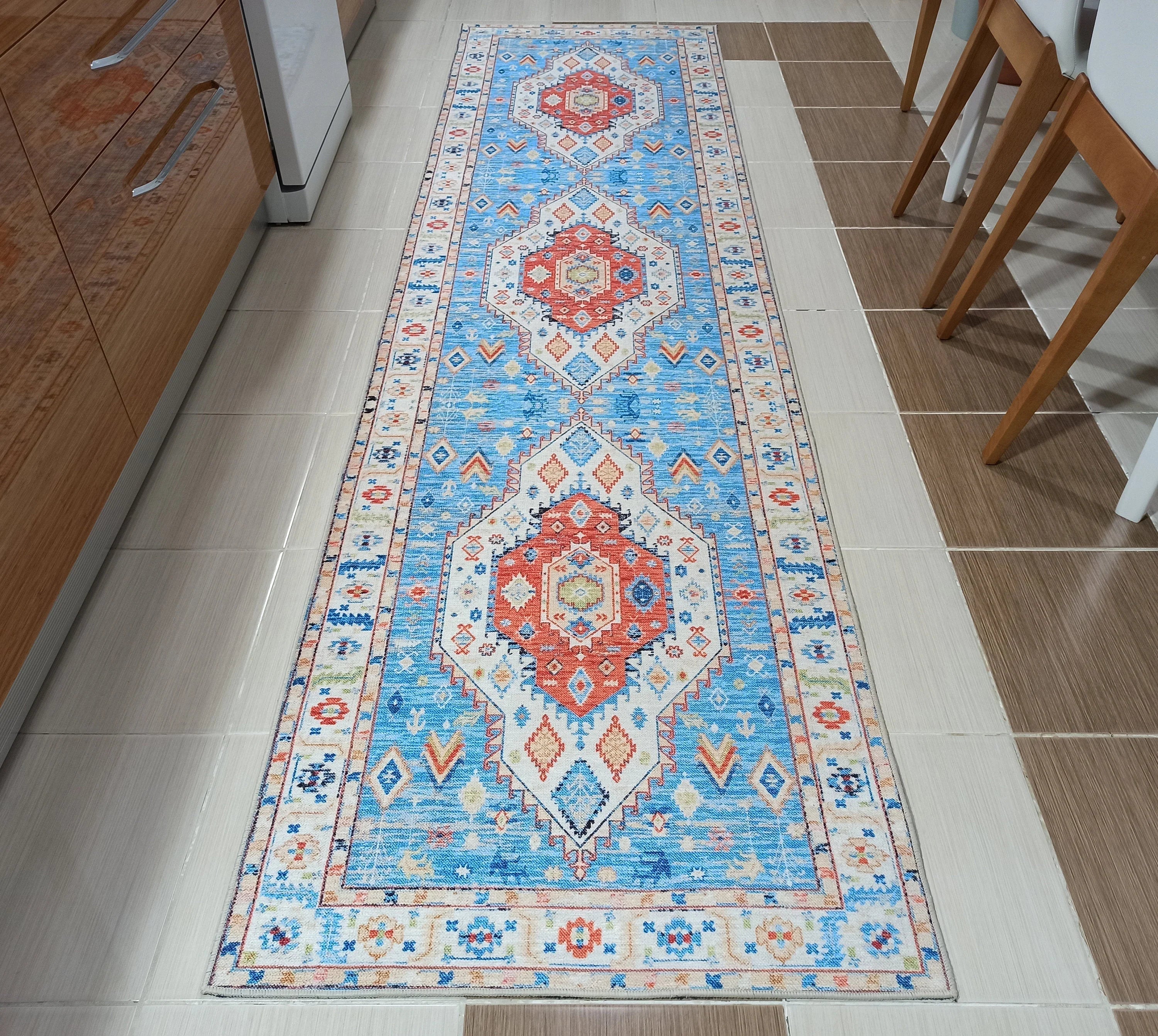 Etnik Geometrik Madalyonlu Açık Mavi ve Mercan Bohem Halı - OUTLET - 11448OU