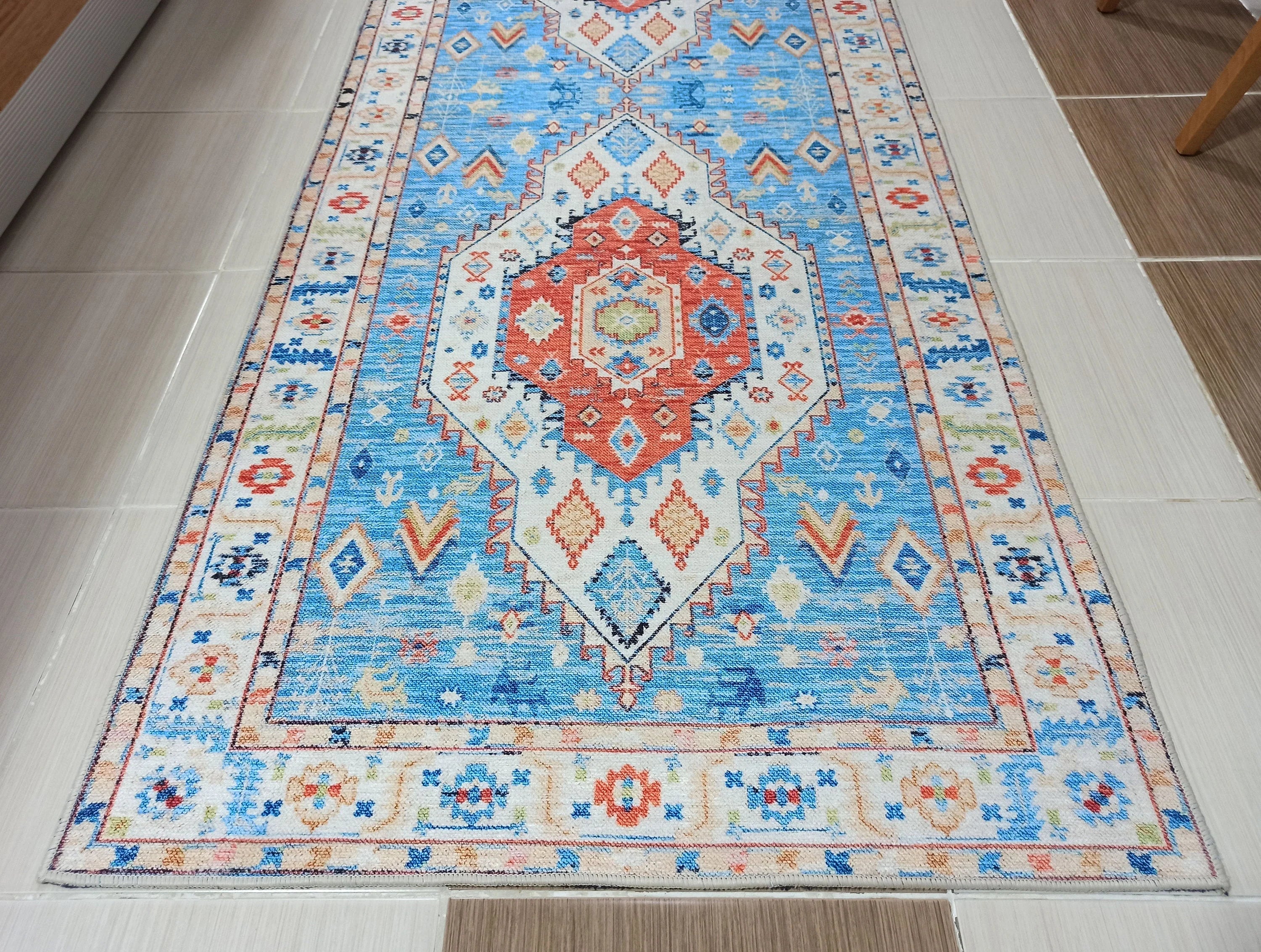 Etnik Geometrik Madalyonlu Açık Mavi ve Mercan Bohem Halı - OUTLET - 11448OU