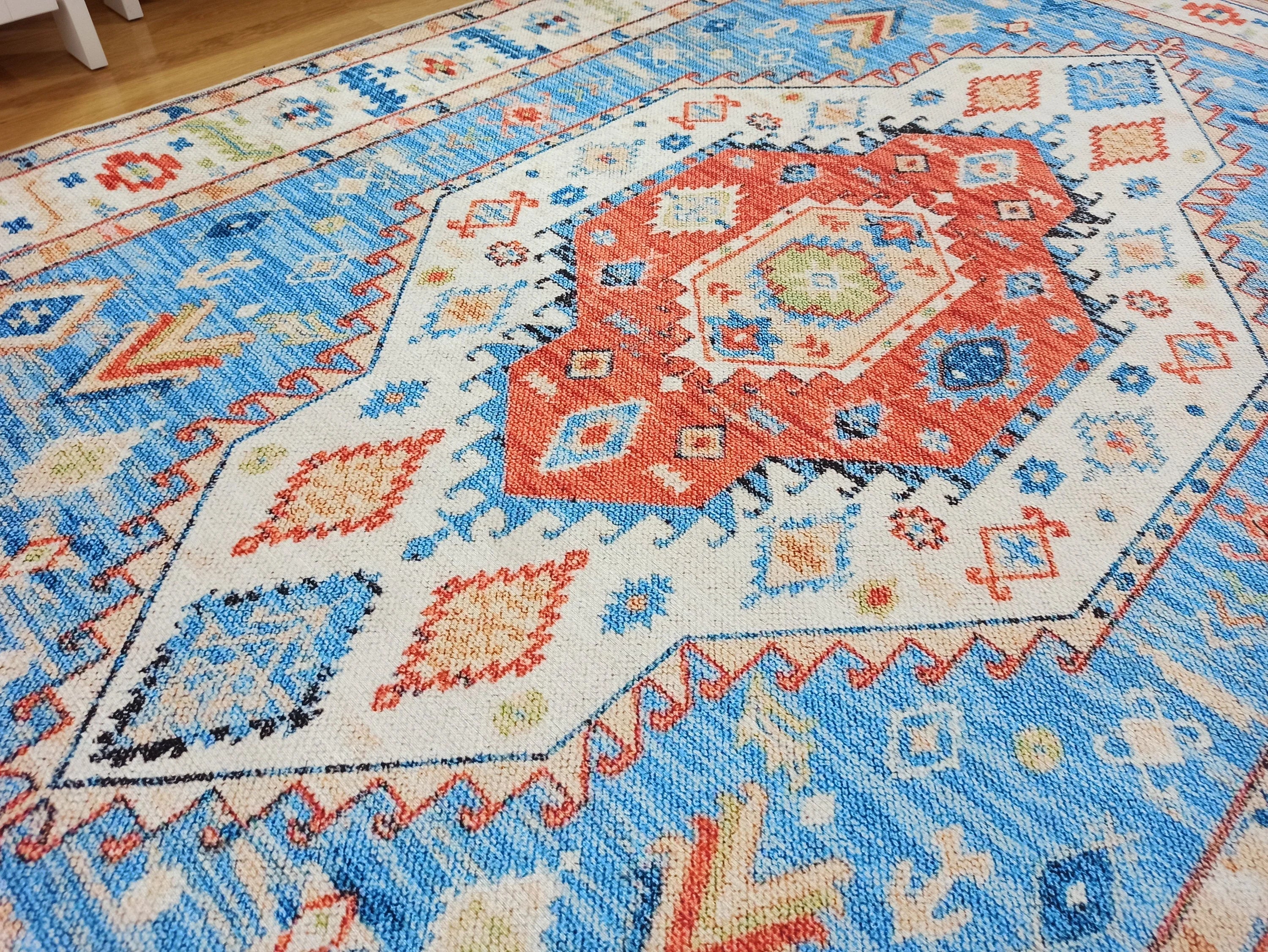 Etnik Geometrik Madalyonlu Açık Mavi ve Mercan Bohem Halı - OUTLET - 11448OU