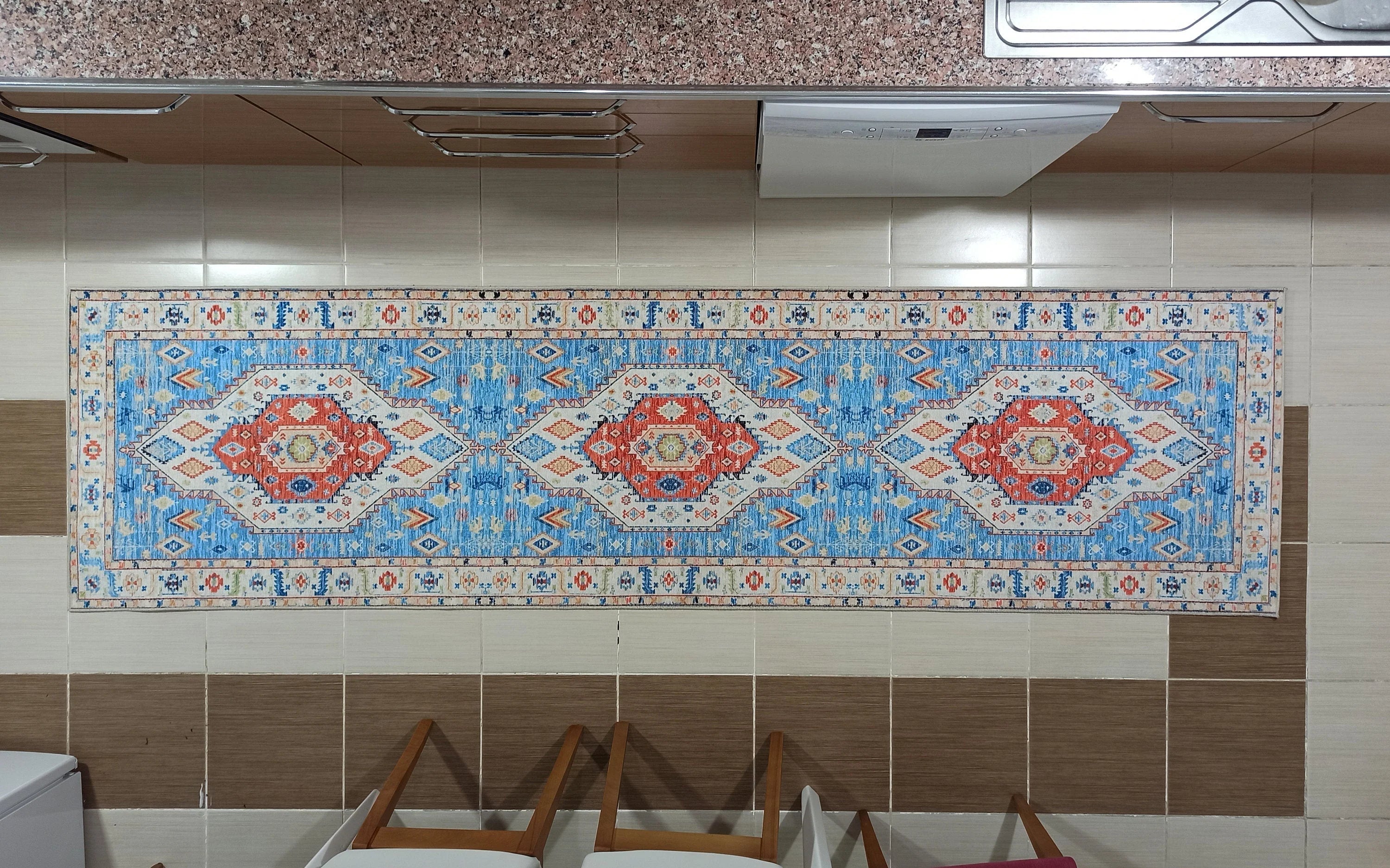 Etnik Geometrik Madalyonlu Açık Mavi ve Mercan Bohem Halı - OUTLET - 11448OU