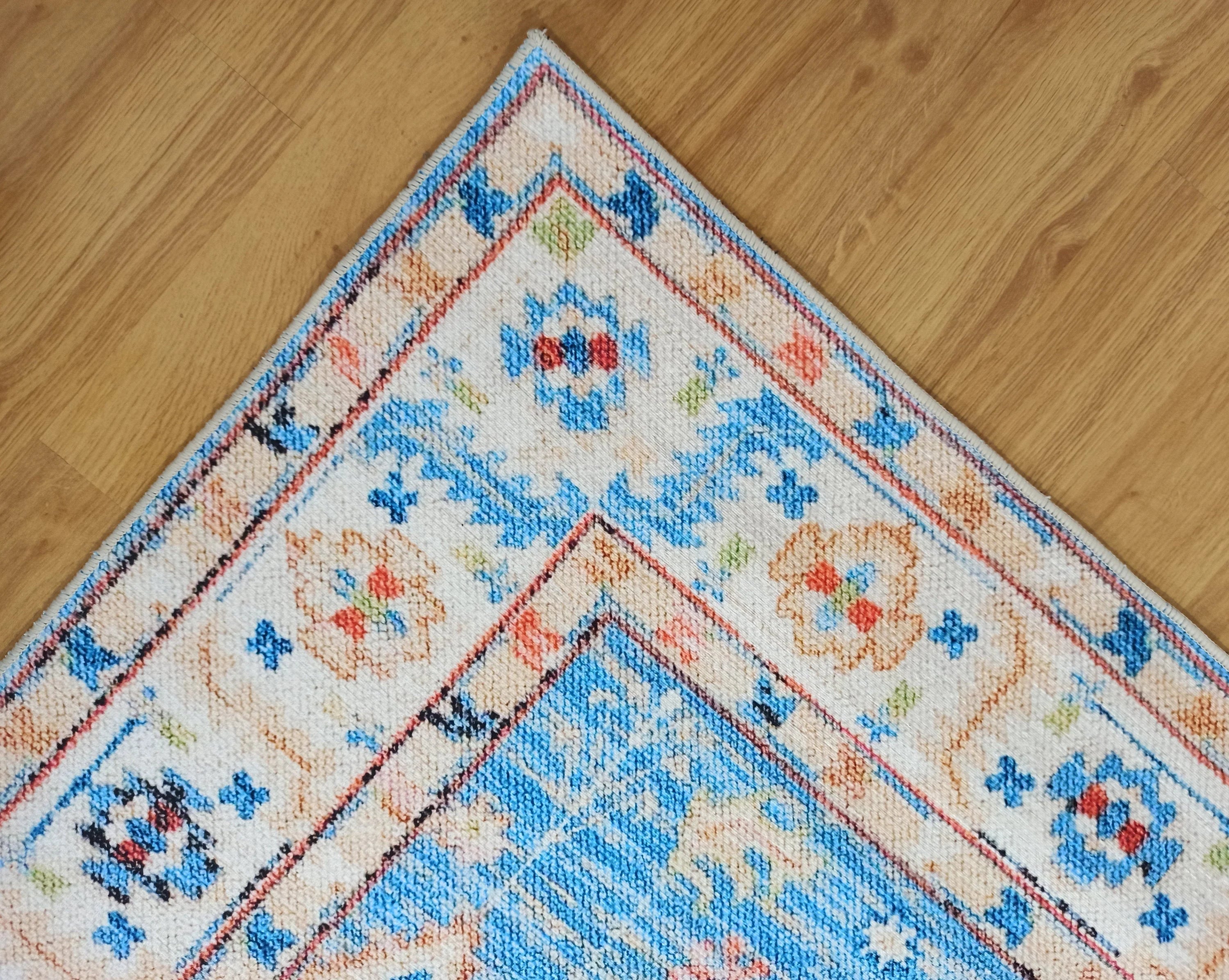 Etnik Geometrik Madalyonlu Açık Mavi ve Mercan Bohem Halı - OUTLET - 11448OU