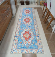 Etnik Geometrik Madalyonlu Açık Mavi ve Mercan Bohem Halı - OUTLET - 11448OU