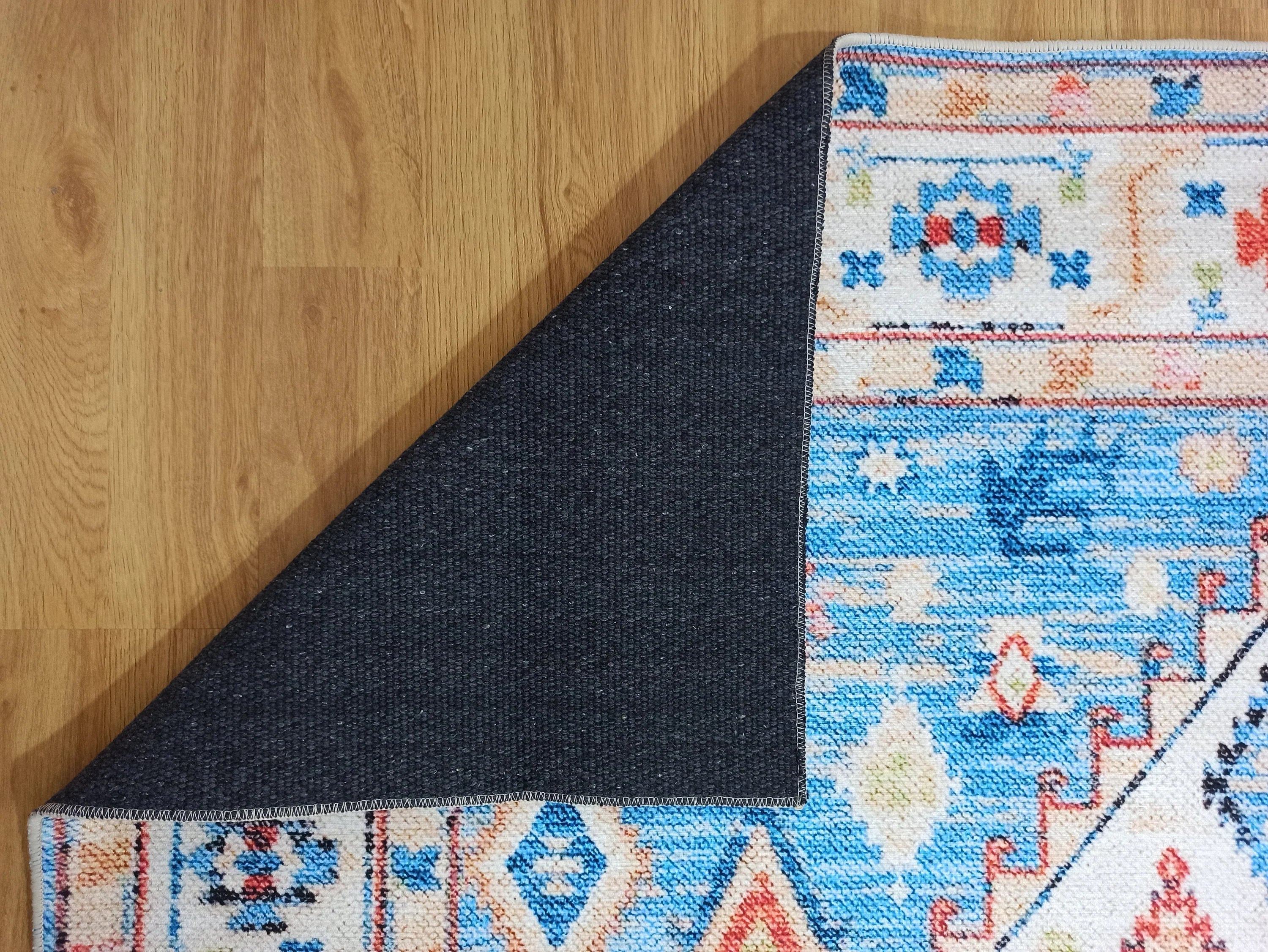 Etnik Geometrik Madalyonlu Açık Mavi ve Mercan Bohem Halı - OUTLET - 11448OU