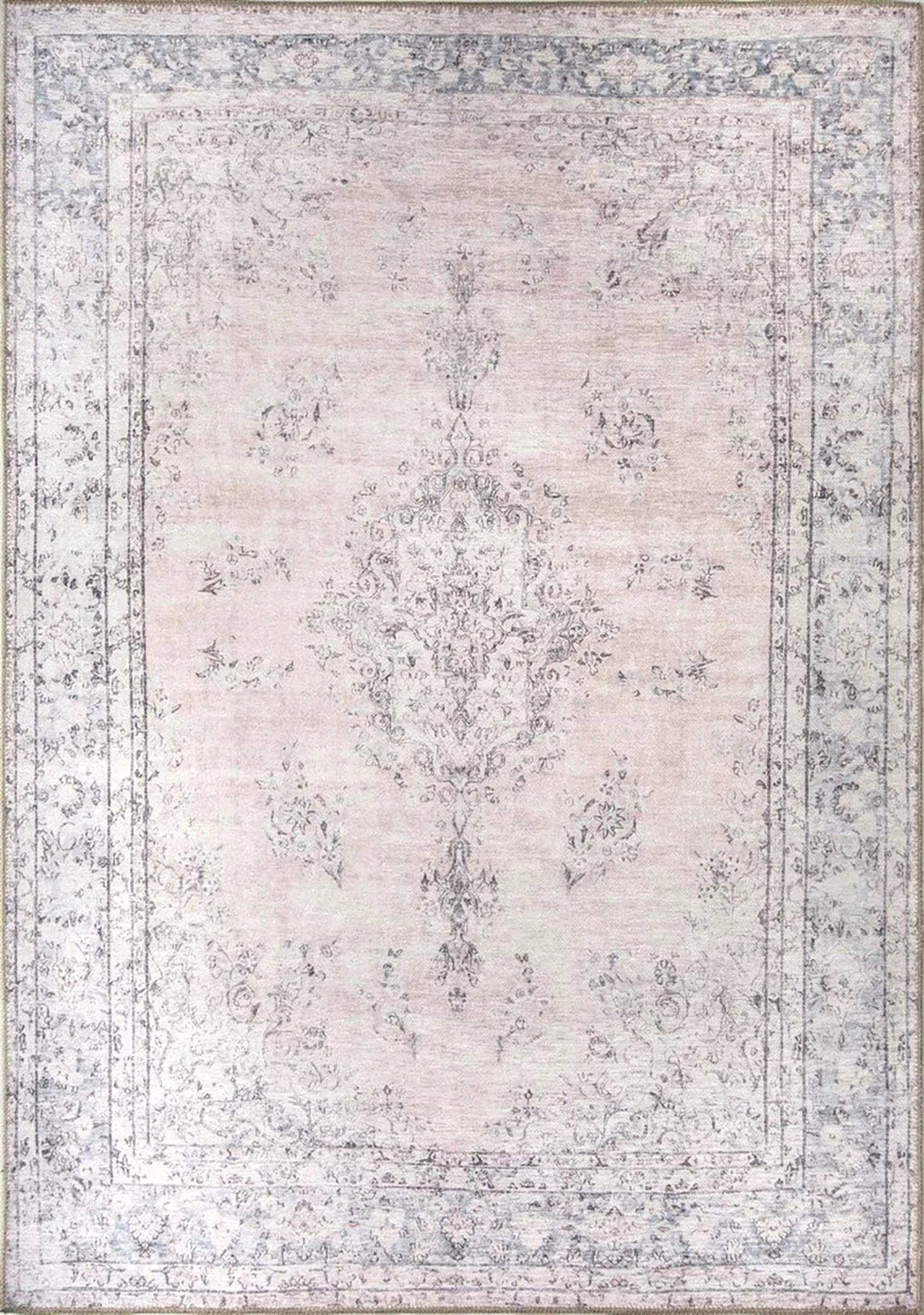 Eskitme Dokulu Açık Pudra Pembe ve Gri Vintage Halı - OUTLET - AL128OU