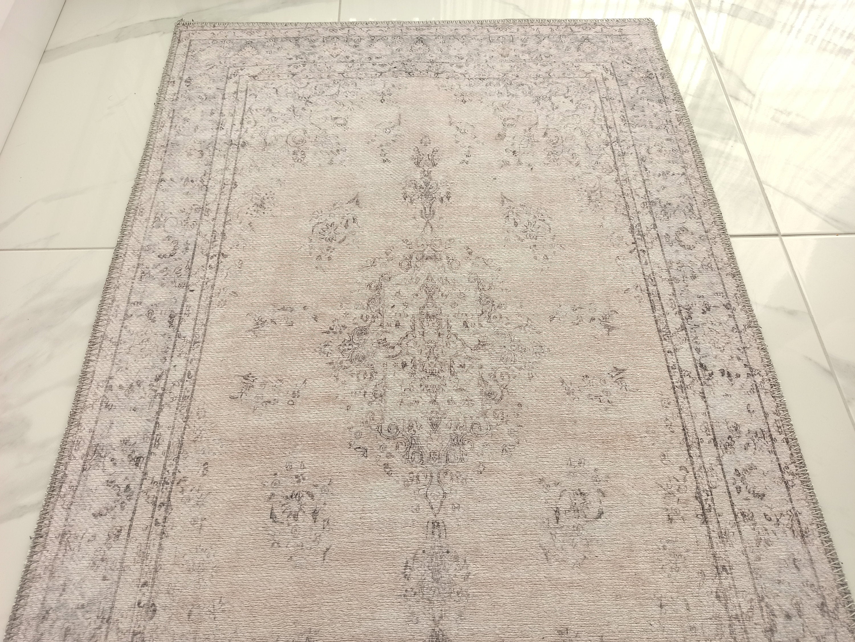 Eskitme Dokulu Açık Pudra Pembe ve Gri Vintage Halı - OUTLET - AL128OU
