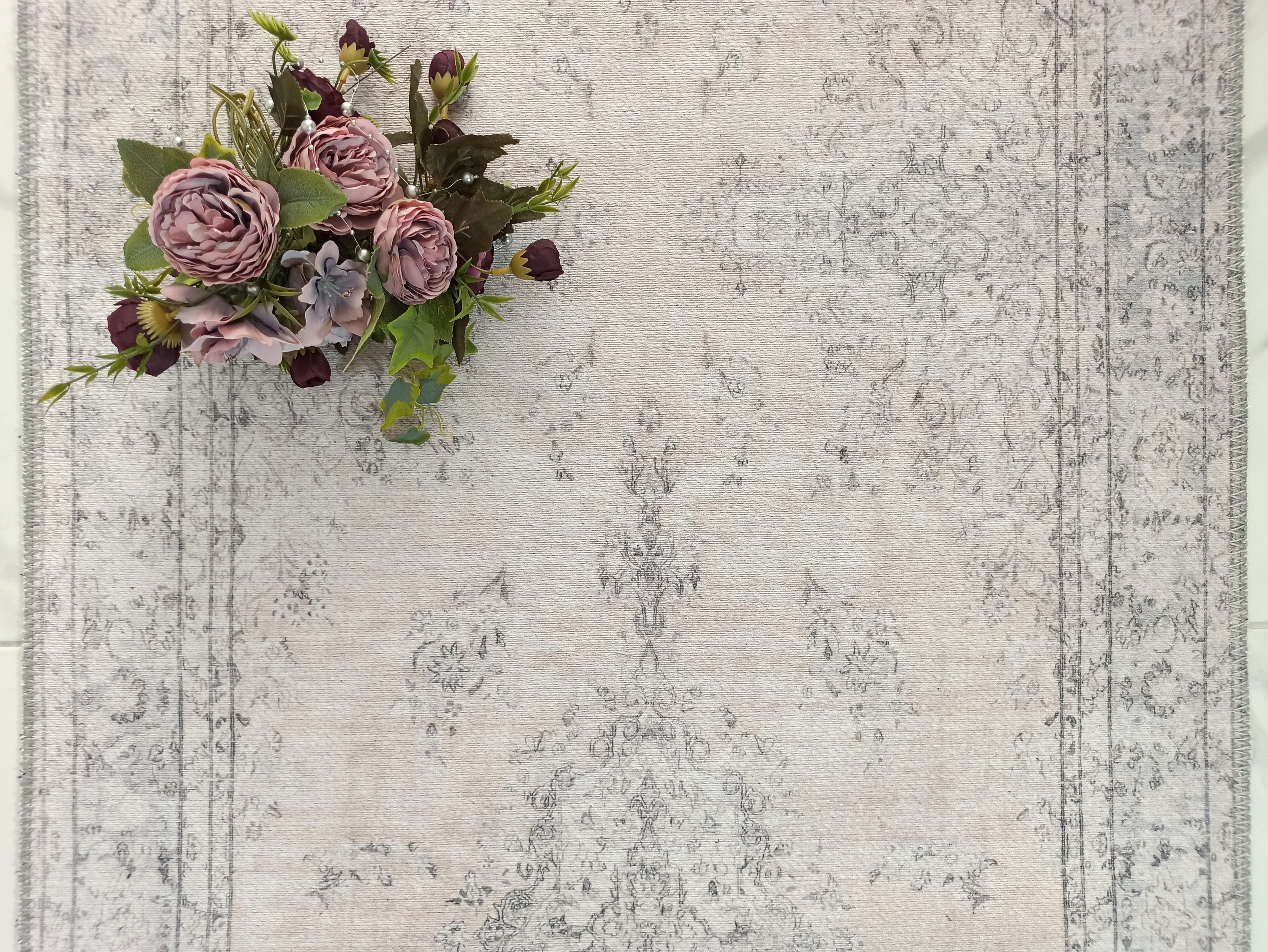 Eskitme Dokulu Açık Pudra Pembe ve Gri Vintage Halı - OUTLET - AL128OU