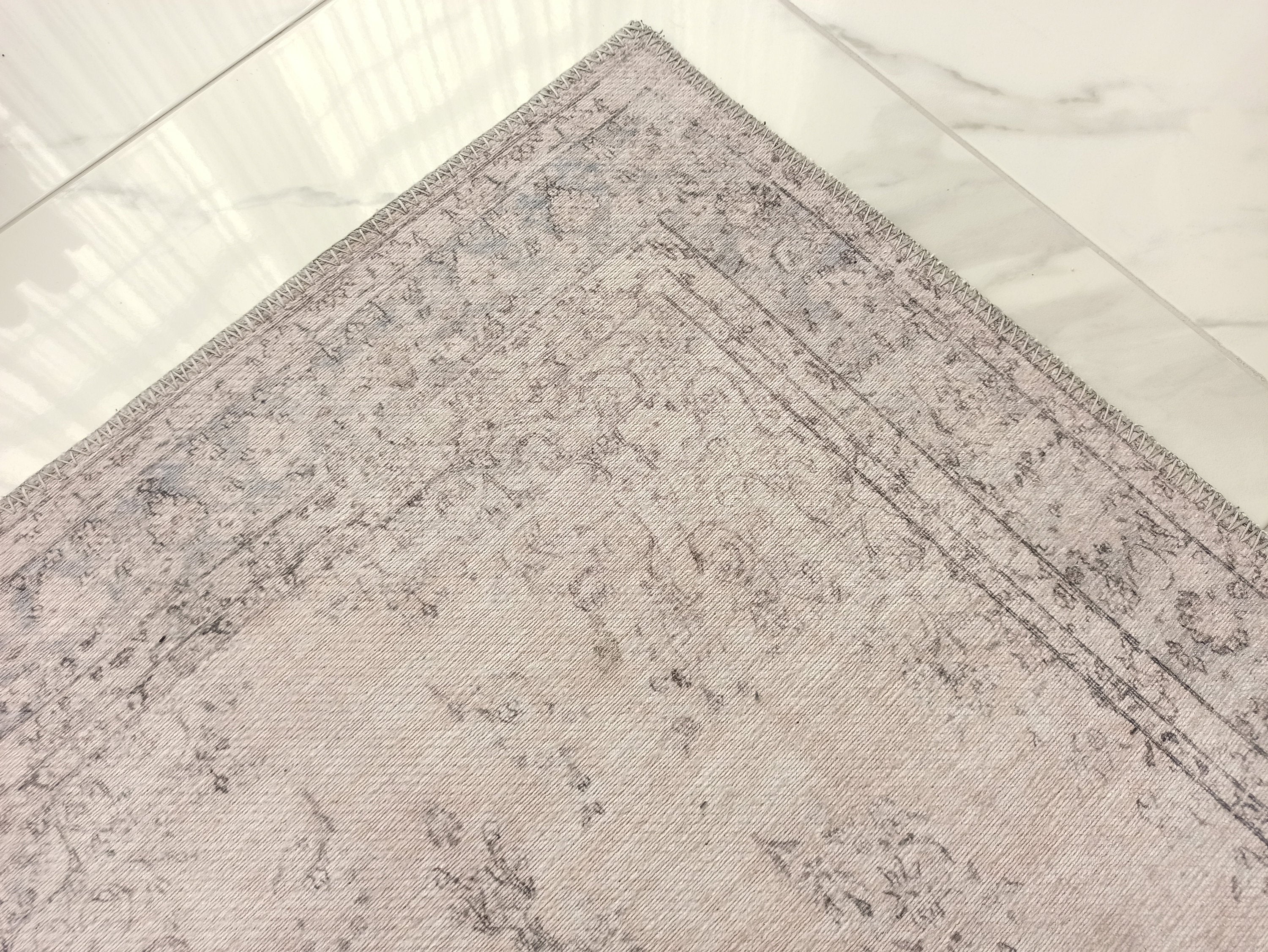 Eskitme Dokulu Açık Pudra Pembe ve Gri Vintage Halı - OUTLET - AL128OU