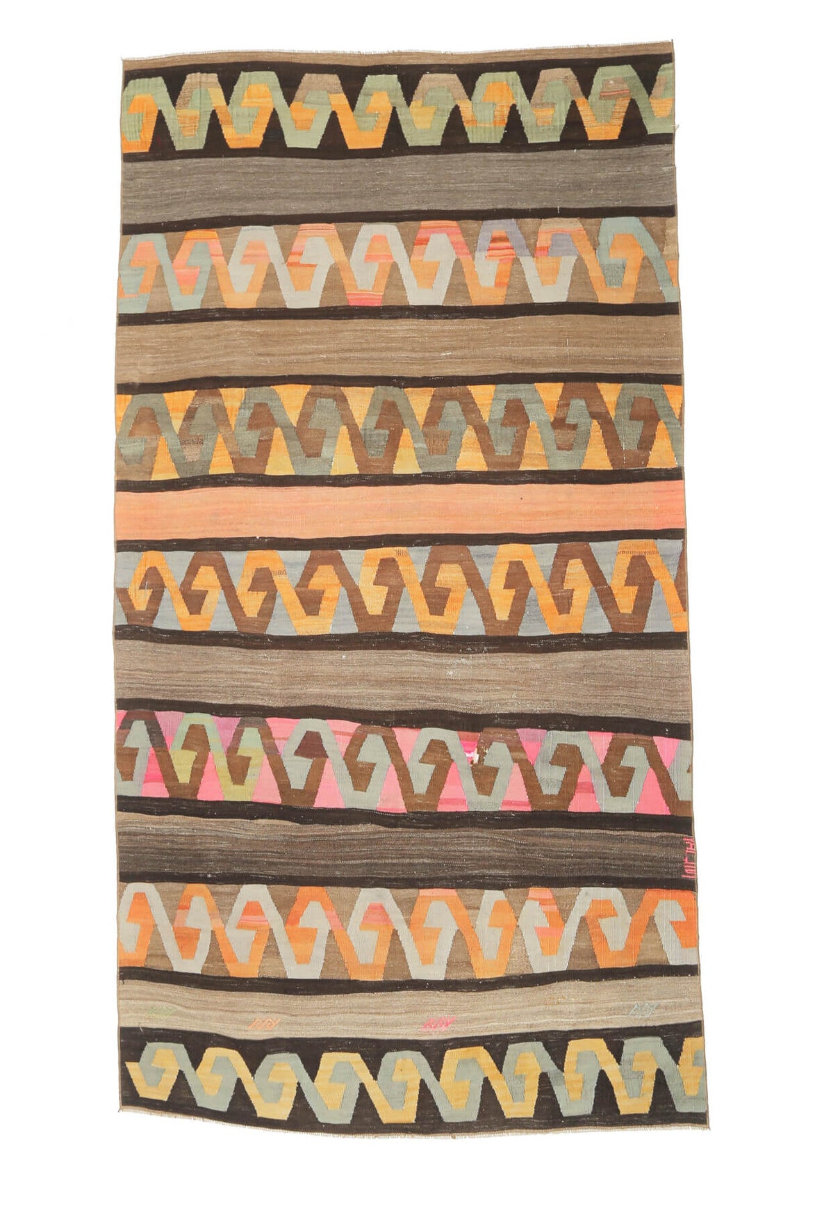 164x315 cm turuncu ve kahverengi kilim motifli el dokuma vintage kilim – üstten tam görünüm
