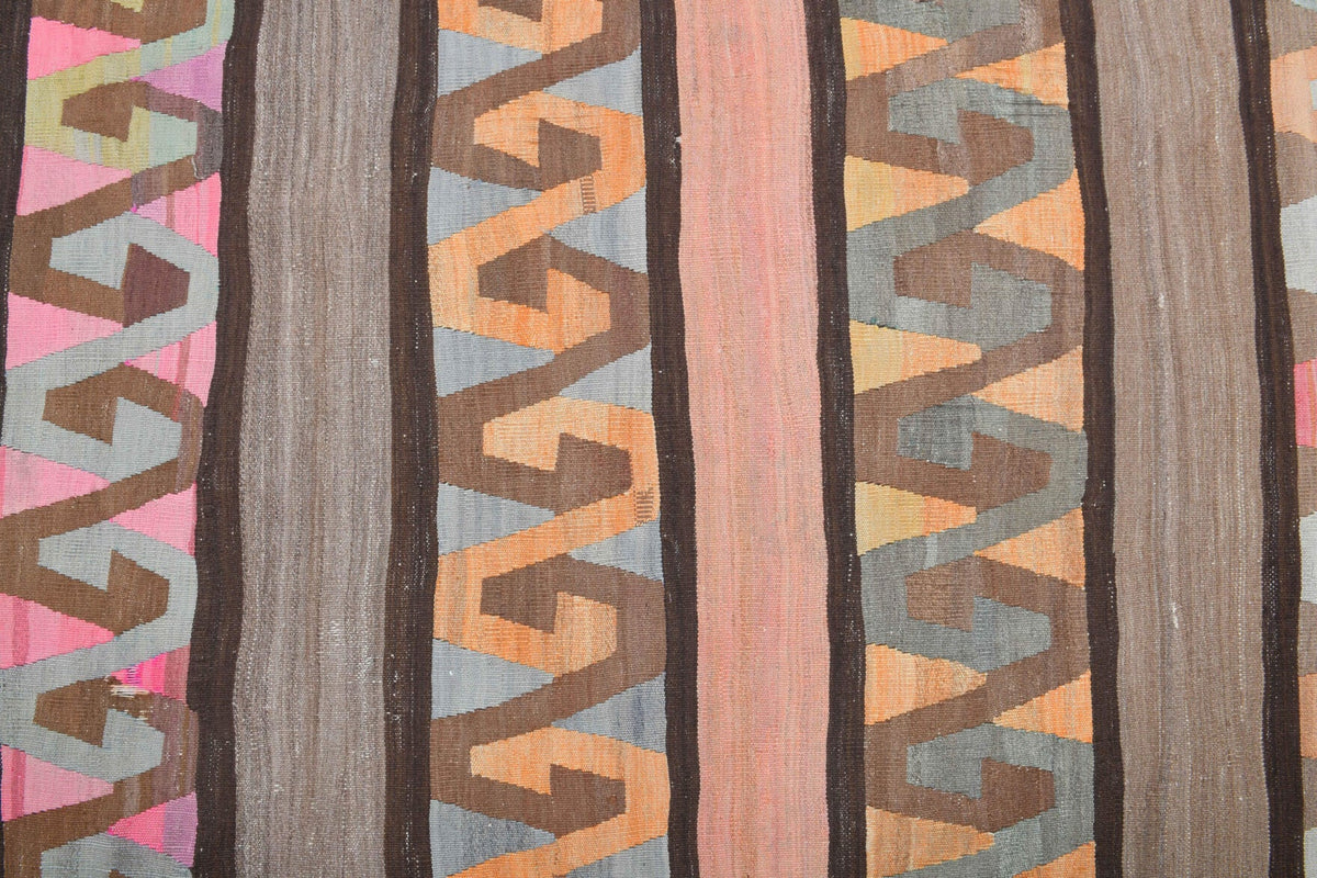 Turuncu ve kahverengi renkli el dokuma vintage kilim, %100 yün dokuma