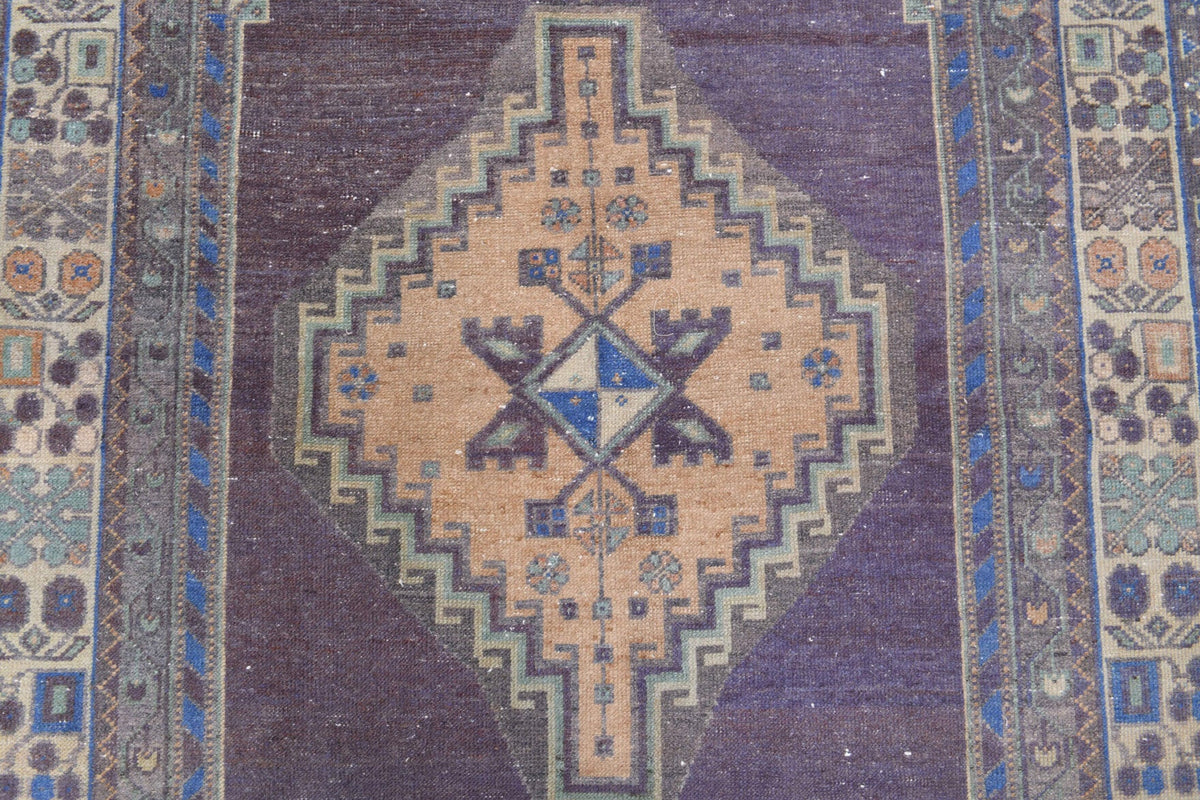 Gri, kırmızı ve mor renkli el dokuma vintage yolluk, yün hav, pamuk taban