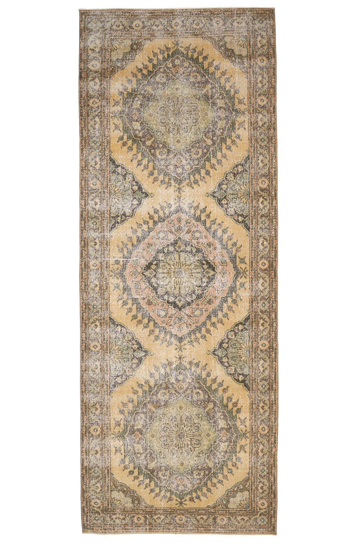 140x390 cm turuncu ve kahverengi oryantal desenli el dokuma vintage yolluk – üstten tam görünüm