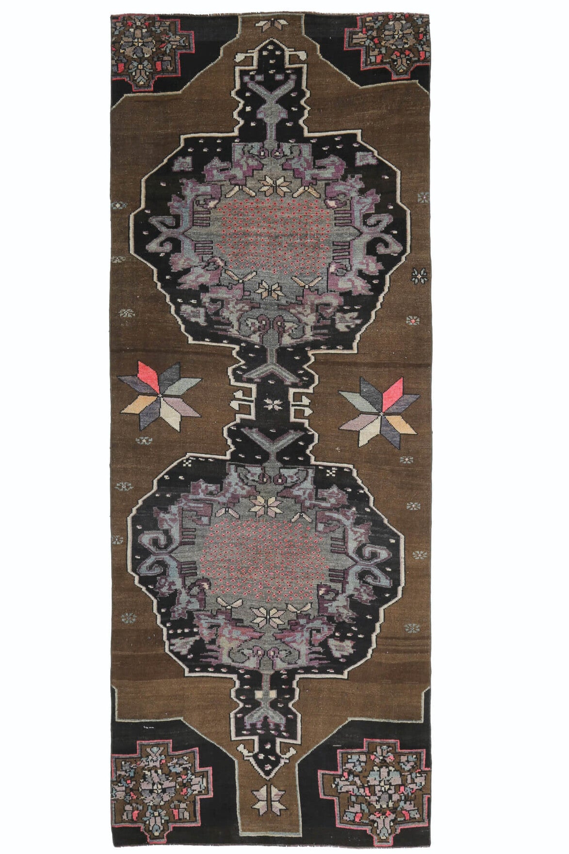 141x382 cm kahverengi, kırmızı ve siyah oryantal desenli el dokuma vintage yolluk – üstten tam görünüm