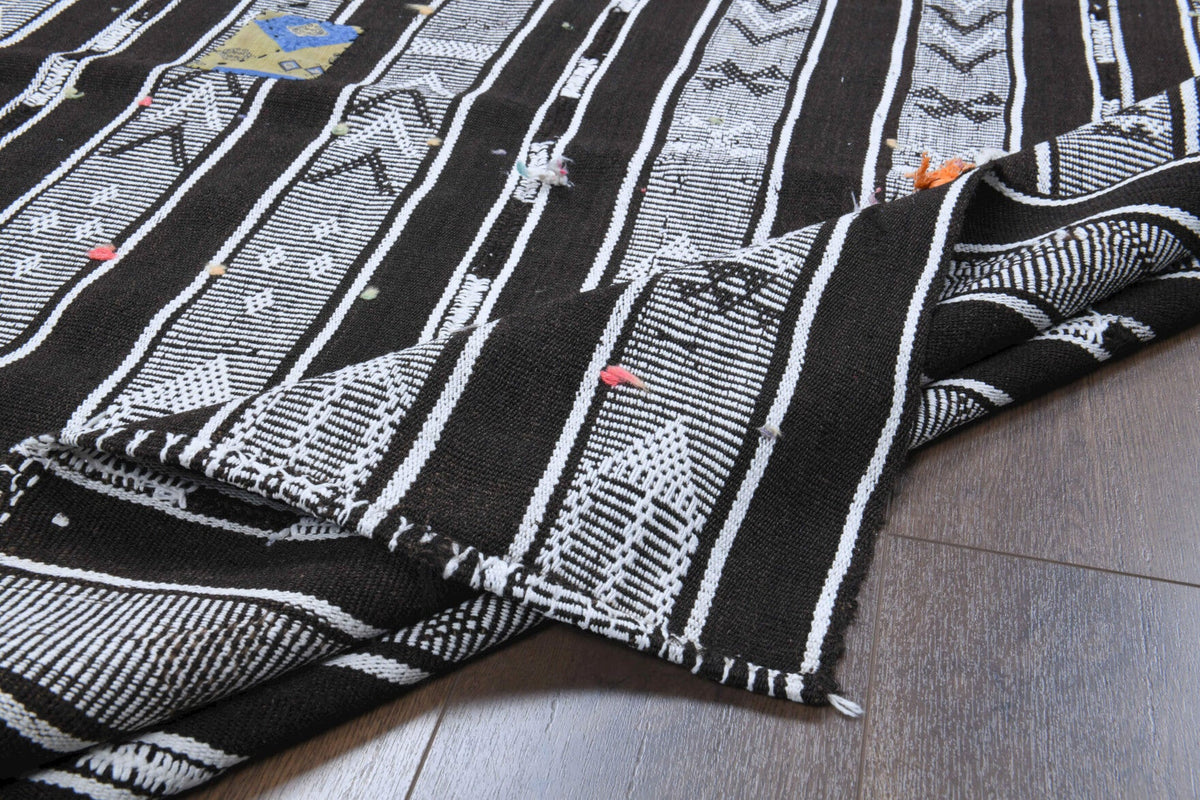Gri ve siyah renkli el dokuma vintage kilim, %100 yün hav, pamuk taban