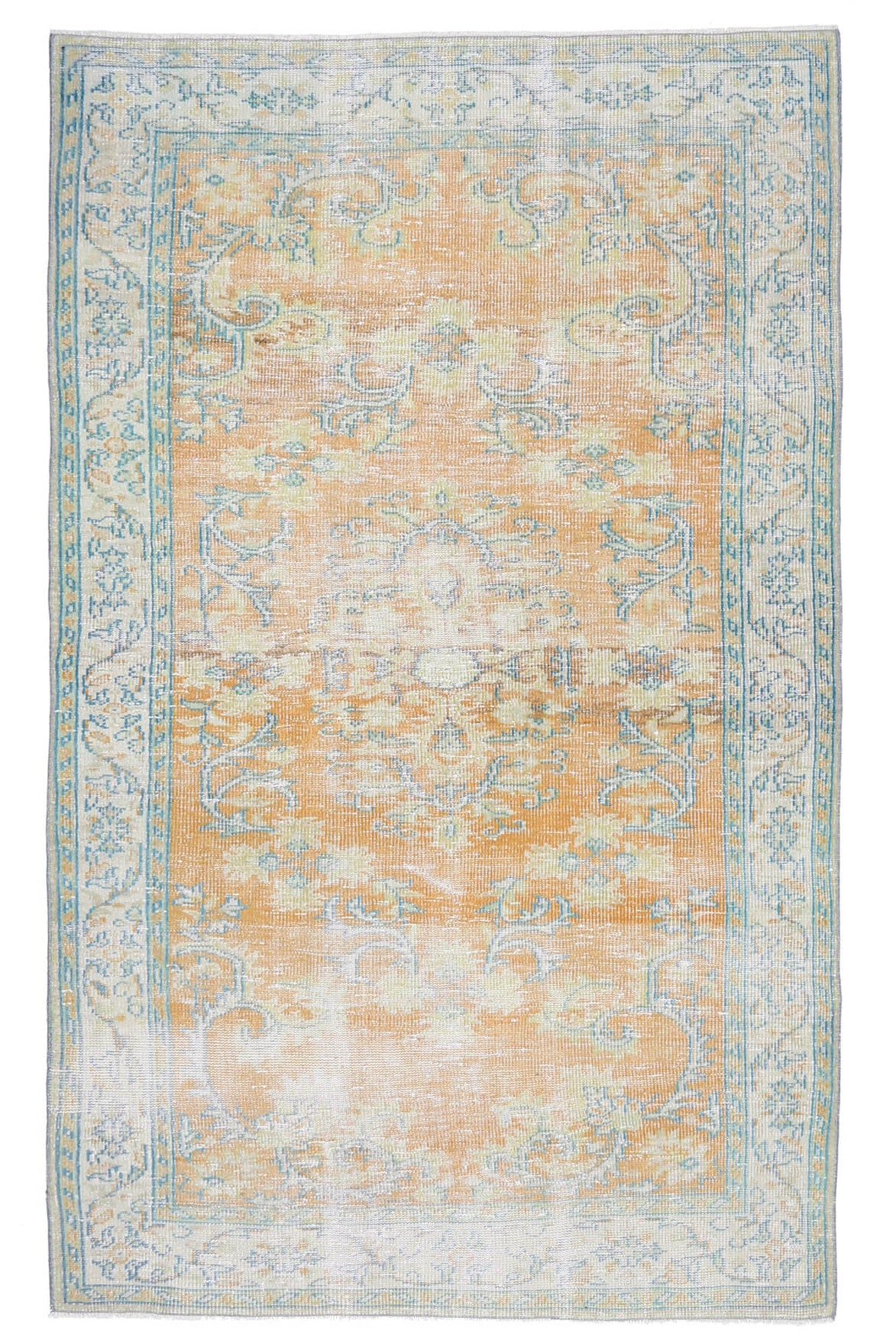 148x251 cm turuncu, gri ve bej çiçek desenli el dokuma vintage halı – üstten tam görünüm