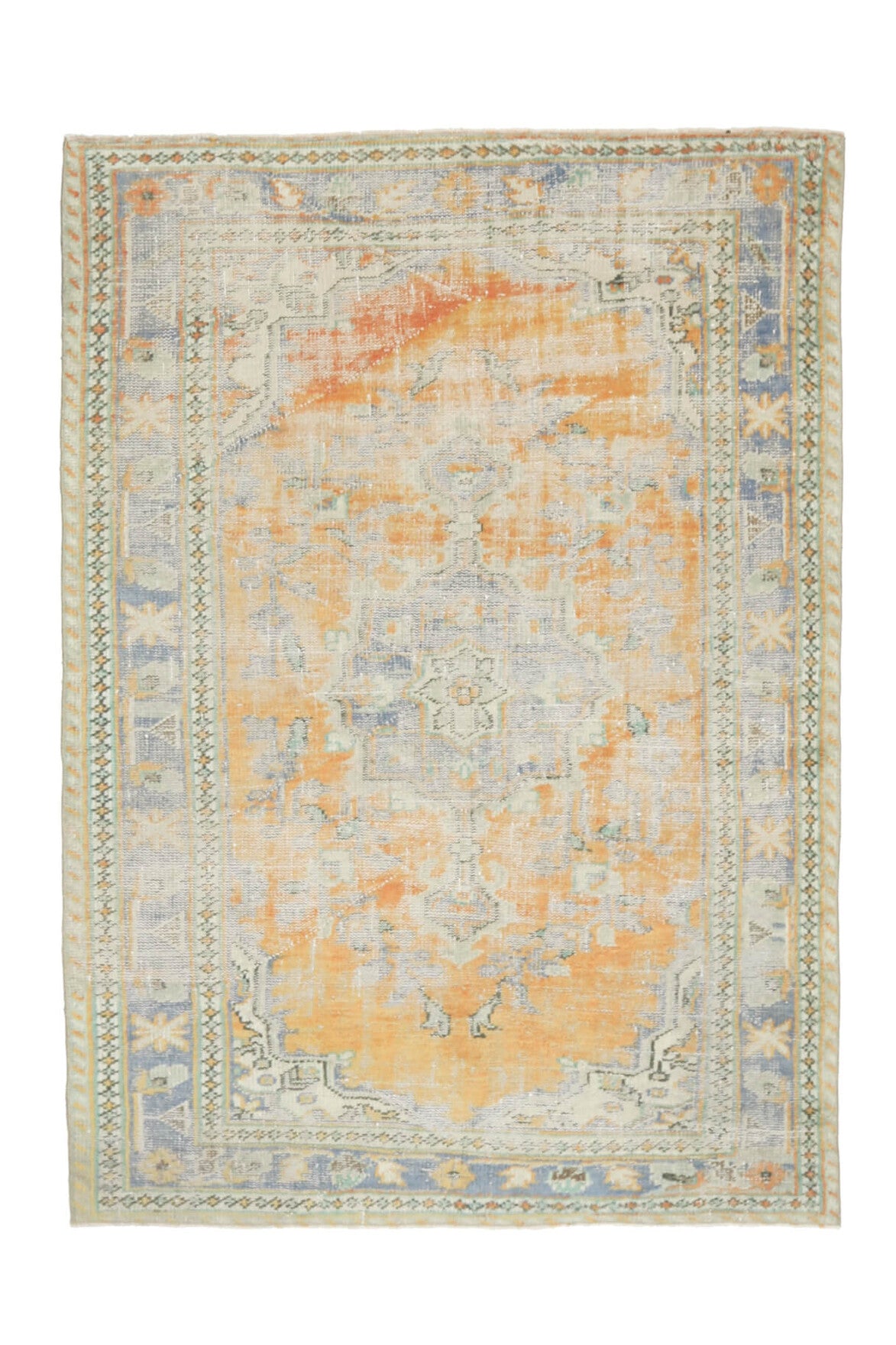 164x235 cm bej ve turuncu oryantal desenli el dokuma vintage halı – üstten tam görünüm