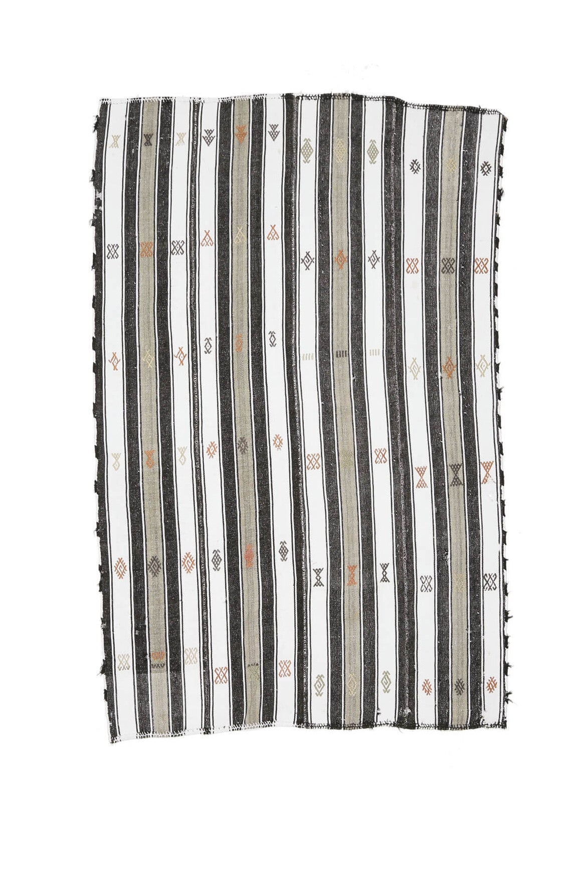 156x240 cm gri, beyaz ve bej çizgili el dokuma vintage kilim – üstten tam görünüm