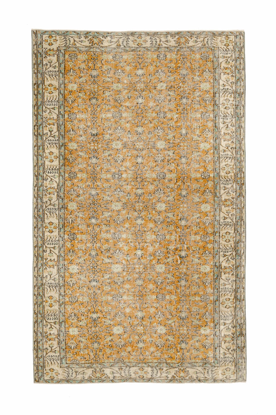 161x267 cm turuncu çiçek desenli el dokuma vintage halı – üstten tam görünüm