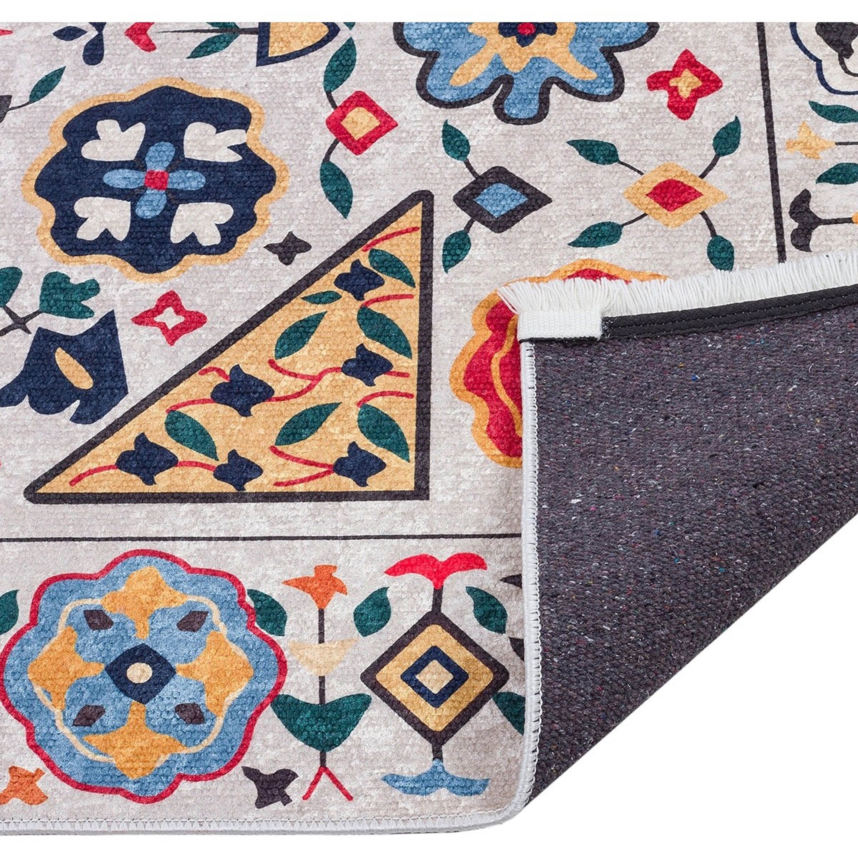 Krem Çok Renkli Çiçek Desenli Etnik Kilim Halı