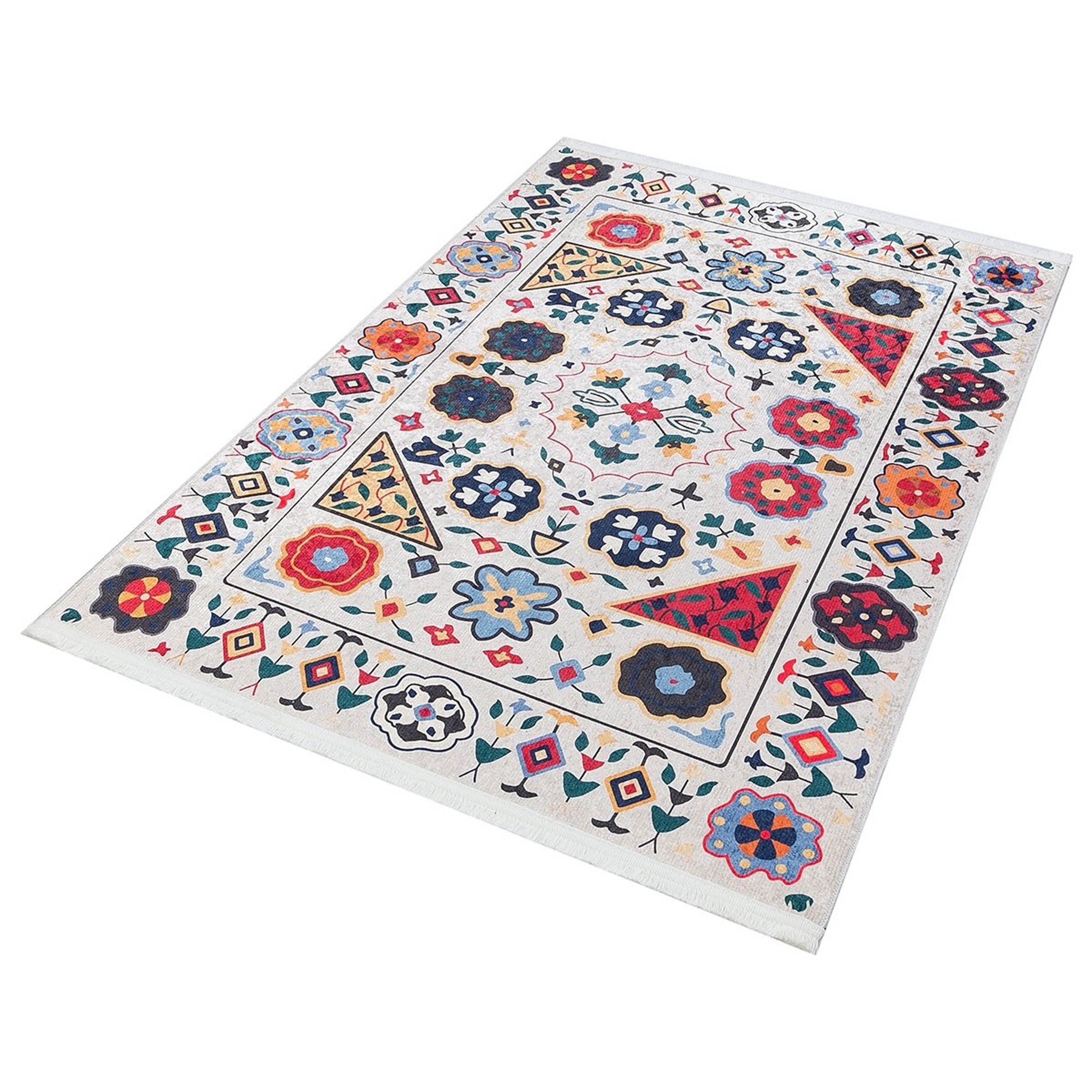Krem Çok Renkli Çiçek Desenli Etnik Kilim Halı