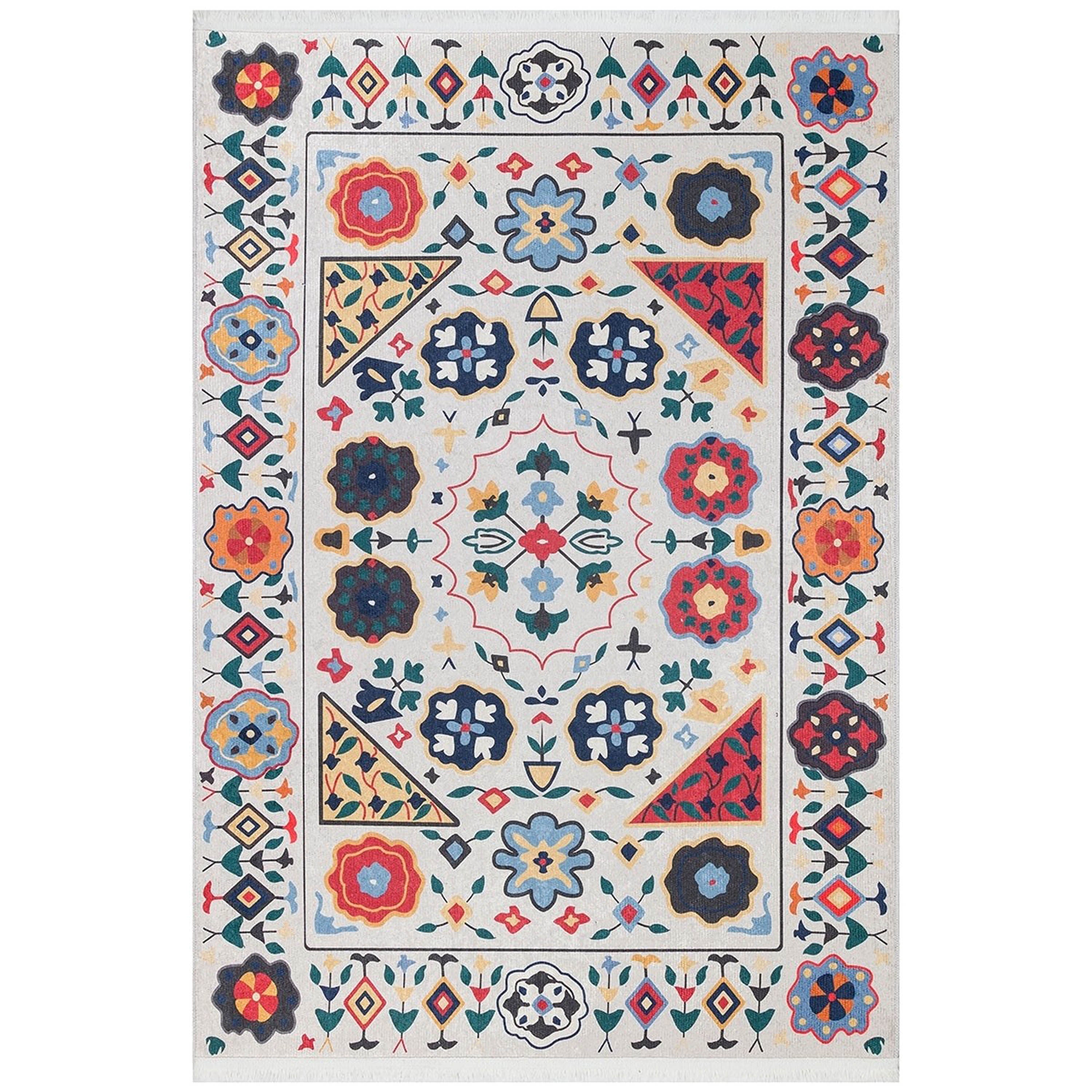 Krem Çok Renkli Çiçek Desenli Etnik Kilim Halı
